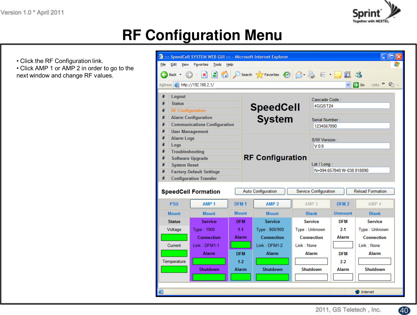 RF Configuration Menu• Click the RF Configuration link.• Click AMP 1 or AMP 2 in order to go to the next window and change RF values. 40