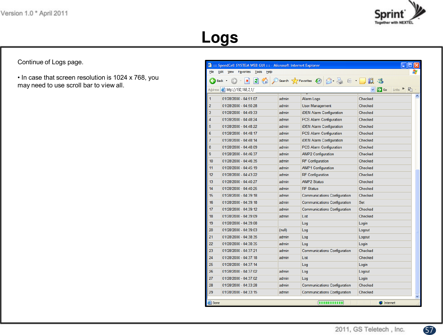 LogsContinue of Logs page.• In case that screen resolution is 1024 x 768, you may need to use scroll bar to view all.57