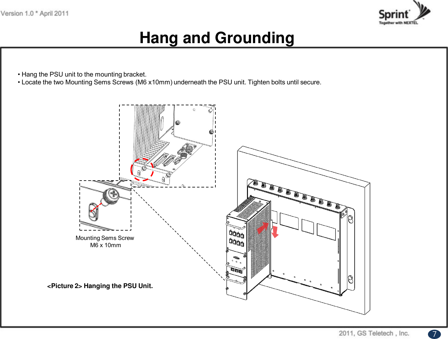 Hang and Grounding&lt;Picture 2&gt; Hanging the PSU Unit. • Hang the PSU unit to the mounting bracket.• Locate the two Mounting Sems Screws (M6 x10mm) underneath the PSU unit. Tighten bolts until secure.Mounting Sems Screw M6 x 10mm7
