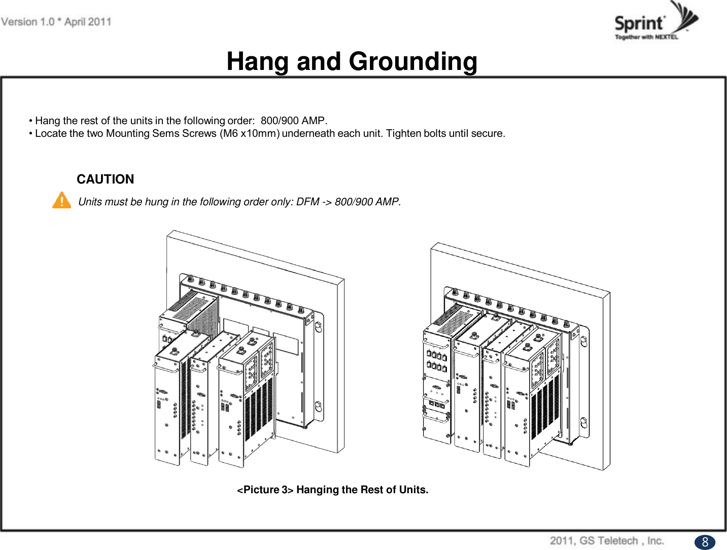 Hang and Grounding• Hang the rest of the units in the following order:  800/900 AMP.• Locate the two Mounting Sems Screws (M6 x10mm) underneath each unit. Tighten bolts until secure.&lt;Picture 3&gt; Hanging the Rest of Units. CAUTIONUnits must be hung in the following order only: DFM -&gt; 800/900 AMP. 8