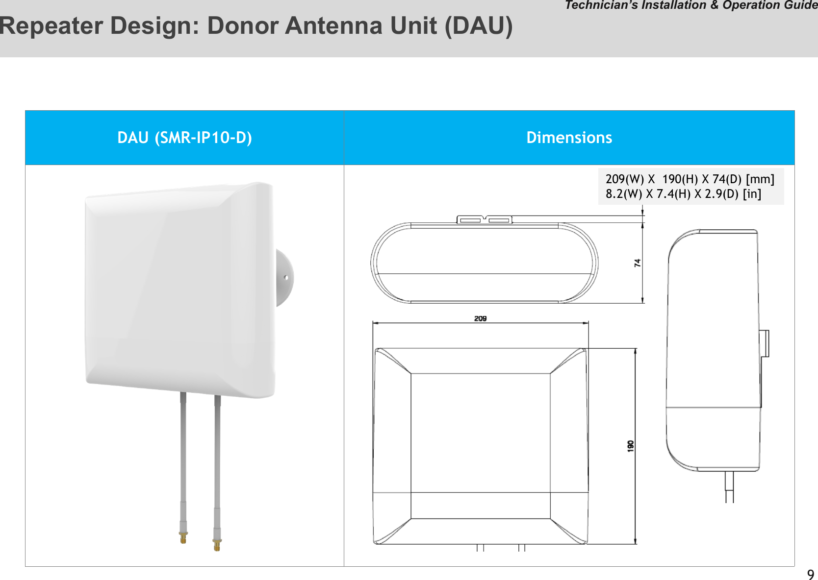 DAU (SMR-IP10-D) Dimensions=Technician’s Installation &amp; Operation Guide=0A1&lt;=091&lt;4-0/1B**C60A1&lt;4-091&lt;=0/1BCRepeater Design: Donor Antenna Unit (DAU)