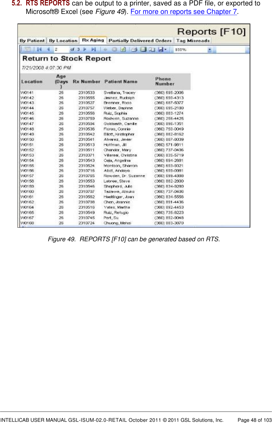  INTELLICAB USER MANUAL GSL-ISUM-02.0-RETAIL October 2011 © 2011 GSL Solutions, Inc.   Page 48 of 103   Figure 49.  REPORTS [F10] can be generated based on RTS.    5.2. RTS REPORTS can be output to a printer, saved as a PDF file, or exported to Microsoft® Excel (see Figure 49). For more on reports see Chapter 7.             