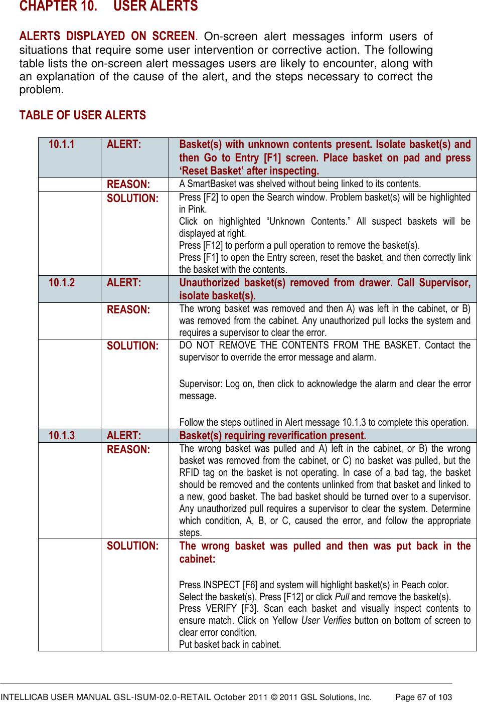  INTELLICAB USER MANUAL GSL-ISUM-02.0-RETAIL October 2011 &copy; 2011 GSL Solutions, Inc.   Page 67 of 103   CHAPTER 10.  USER ALERTS  ALERTS  DISPLAYED  ON  SCREEN.  On-screen  alert  messages  inform  users  of situations that require some user intervention or corrective action. The following table lists the on-screen alert messages users are likely to encounter, along with an explanation of the cause of the alert, and the steps necessary to correct the problem.  TABLE OF USER ALERTS 10.1.1 ALERT: Basket(s) with unknown contents present. Isolate basket(s) and then  Go  to  Entry  [F1]  screen.  Place  basket  on  pad  and  press &lsquo;Reset Basket&rsquo; after inspecting.  REASON: A SmartBasket was shelved without being linked to its contents.  SOLUTION: Press [F2] to open the Search window. Problem basket(s) will be highlighted in Pink. Click  on  highlighted  &ldquo;Unknown  Contents.&rdquo;  All  suspect  baskets  will  be displayed at right. Press [F12] to perform a pull operation to remove the basket(s).  Press [F1] to open the Entry screen, reset the basket, and then correctly link the basket with the contents. 10.1.2 ALERT: Unauthorized  basket(s)  removed  from  drawer.  Call  Supervisor, isolate basket(s).  REASON: The wrong  basket  was  removed and then A) was left in the cabinet,  or  B) was removed from the cabinet. Any unauthorized pull locks the system and requires a supervisor to clear the error.  SOLUTION: DO  NOT  REMOVE  THE  CONTENTS  FROM  THE  BASKET.  Contact  the supervisor to override the error message and alarm.  Supervisor: Log on, then click to acknowledge the alarm and clear the error message. Follow the steps outlined in Alert message 10.1.3 to complete this operation. 10.1.3 ALERT: Basket(s) requiring reverification present.  REASON: The  wrong  basket  was  pulled  and  A)  left  in  the  cabinet,  or  B)  the  wrong basket was removed from the cabinet, or C) no basket was pulled, but the RFID  tag  on  the  basket  is  not  operating.  In  case  of  a  bad tag,  the  basket should be removed and the contents unlinked from that basket and linked to a new, good basket. The bad basket should be turned over to a supervisor. Any unauthorized pull requires a supervisor to clear the system. Determine which  condition,  A,  B,  or  C,  caused  the  error,  and  follow  the  appropriate steps.  SOLUTION: The  wrong  basket  was  pulled  and  then  was  put  back  in  the cabinet:  Press INSPECT [F6] and system will highlight basket(s) in Peach color. Select the basket(s). Press [F12] or click Pull and remove the basket(s). Press  VERIFY  [F3].  Scan  each  basket  and  visually  inspect  contents  to ensure match. Click on  Yellow User  Verifies button on bottom of  screen to clear error condition. Put basket back in cabinet. 