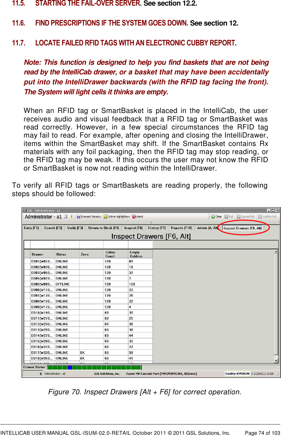  INTELLICAB USER MANUAL GSL-ISUM-02.0-RETAIL October 2011 &copy; 2011 GSL Solutions, Inc.   Page 74 of 103   11.5.  STARTING THE FAIL-OVER SERVER. See section 12.2. 11.6.  FIND PRESCRIPTIONS IF THE SYSTEM GOES DOWN. See section 12. 11.7 .  LOCATE FAILED RFID TAGS WITH AN ELECTRONIC CUBBY REPORT. Note: This function is designed to help you find baskets that are not being read by the IntelliCab drawer, or a basket that may have been accidentally put into the IntelliDrawer backwards (with the RFID tag facing the front). The System will light cells it thinks are empty. When  an  RFID  tag  or  SmartBasket  is  placed  in  the  IntelliCab,  the  user receives audio and visual feedback that a RFID tag or SmartBasket was read  correctly.  However,  in  a  few  special  circumstances  the  RFID  tag may fail to read. For example, after opening and closing the IntelliDrawer, items  within  the  SmartBasket  may  shift. If the SmartBasket contains  Rx materials with any foil packaging, then the RFID tag may stop reading, or the RFID tag may be weak. If this occurs the user may not know the RFID or SmartBasket is now not reading within the IntelliDrawer.  To  verify all RFID tags  or SmartBaskets are  reading  properly,  the  following steps should be followed:  Figure 70. Inspect Drawers [Alt + F6] for correct operation. 