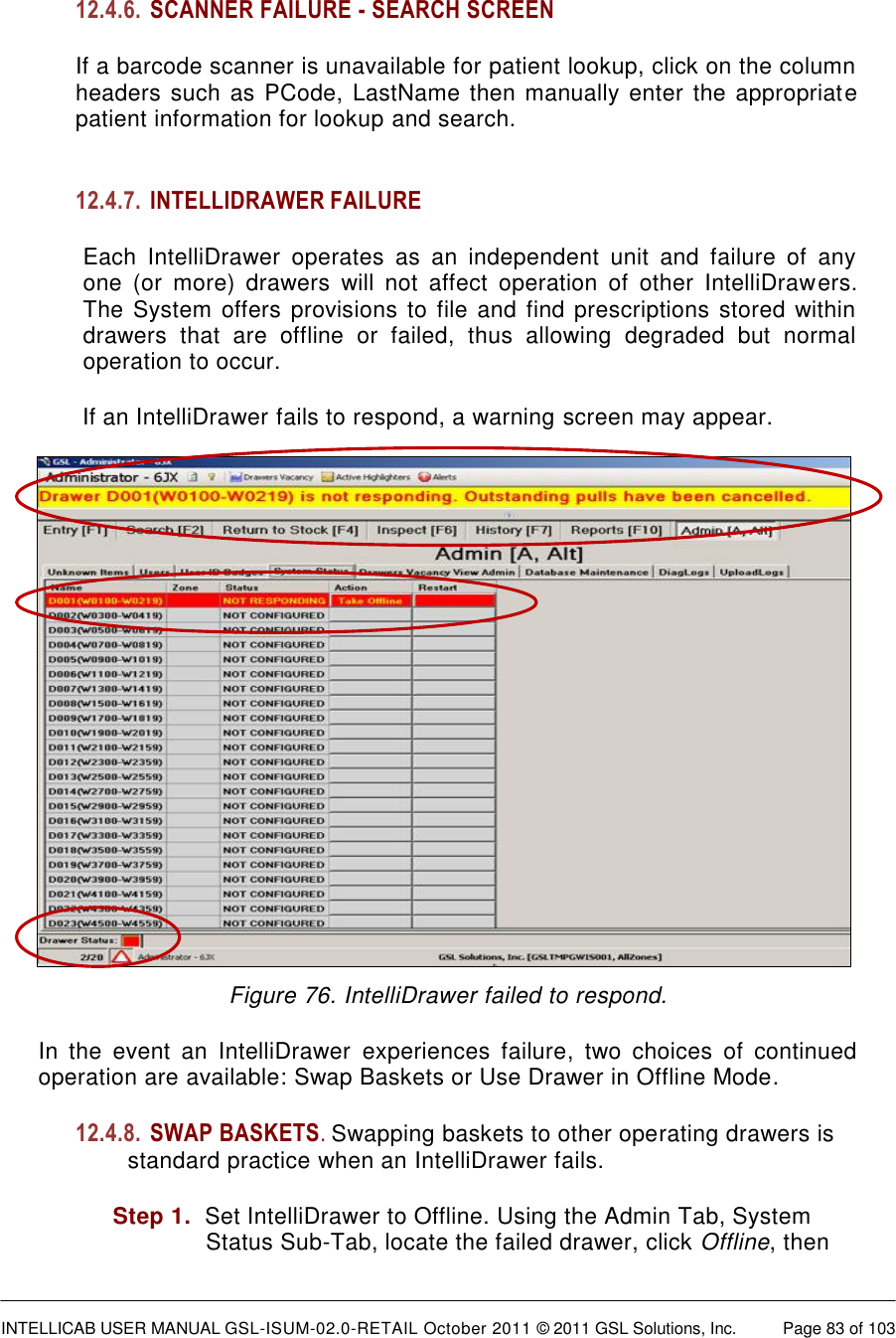  INTELLICAB USER MANUAL GSL-ISUM-02.0-RETAIL October 2011 &copy; 2011 GSL Solutions, Inc.   Page 83 of 103    12.4.6. SCANNER FAILURE - SEARCH SCREEN If a barcode scanner is unavailable for patient lookup, click on the column headers such as PCode, LastName then manually enter the appropriate patient information for lookup and search.  12.4.7. INTELLIDRAWER FAILURE Each  IntelliDrawer  operates  as  an  independent  unit  and  failure  of  any one  (or  more)  drawers  will  not  affect  operation  of  other  IntelliDrawers. The System offers provisions to file and find prescriptions stored within drawers  that  are  offline  or  failed,  thus  allowing  degraded  but  normal operation to occur.  If an IntelliDrawer fails to respond, a warning screen may appear.  Figure 76. IntelliDrawer failed to respond. In  the  event  an  IntelliDrawer  experiences  failure,  two  choices  of  continued operation are available: Swap Baskets or Use Drawer in Offline Mode. 12.4.8. SWAP BASKETS. Swapping baskets to other operating drawers is standard practice when an IntelliDrawer fails. Step 1.  Set IntelliDrawer to Offline. Using the Admin Tab, System Status Sub-Tab, locate the failed drawer, click Offline, then 