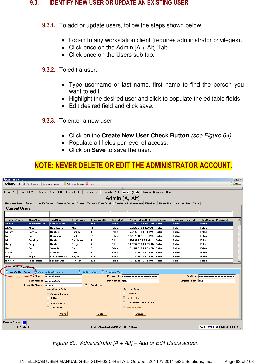  INTELLICAB USER MANUAL GSL-ISUM-02.0-RETAIL October 2011 © 2011 GSL Solutions, Inc.   Page 63 of 103   Figure 60.  Administrator [A + Alt] – Add or Edit Users screen  9.3.   IDENTIFY NEW USER OR UPDATE AN EXISTING USER  9.3.1. To add or update users, follow the steps shown below:   Log-in to any workstation client (requires administrator privileges).   Click once on the Admin [A + Alt] Tab.   Click once on the Users sub tab. 9.3.2. To edit a user:    Type  username  or  last  name,  first  name  to  find the  person  you want to edit.   Highlight the desired user and click to populate the editable fields.   Edit desired field and click save.  9.3.3. To enter a new user:    Click on the Create New User Check Button (see Figure 64).   Populate all fields per level of access.   Click on Save to save the user. NOTE: NEVER DELETE OR EDIT THE ADMINISTRATOR ACCOUNT.  