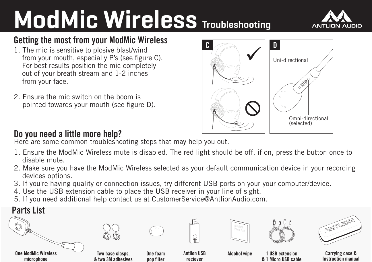 C DParts ListOne ModMic Wireless microphone  Two base clasps, &amp; two 3M adhesivesOne foampop ﬁlterAntlion USBrecieverCarrying case &amp;Instruction manual1. The mic is sensitive to plosive blast/wind from your mouth, especially P&rsquo;s (see ﬁgure C). For best results position the mic completely out of your breath stream and 1-2 inches from your face. 2. Ensure the mic switch on the boom is    pointed towards your mouth (see ﬁgure D).Do you need a little more help?Here are some common troubleshooting steps that may help you out.1. Ensure the ModMic Wireless mute is disabled. The red light should be off, if on, press the button once to disable mute.2. Make sure you have the ModMic Wireless selected as your default communication device in your recording devices options.3. If you're having quality or connection issues, try different USB ports on your your computer/device.4. Use the USB extension cable to place the USB receiver in your line of sight.5. If you need additional help contact us at CustomerService@AntlionAudio.com.Omni-directional(selected)Uni-directionalModMic Wireless TroubleshootingAlcohol wipeGetting the most from your ModMic Wireless1 USB extension &amp; 1 Micro USB cable