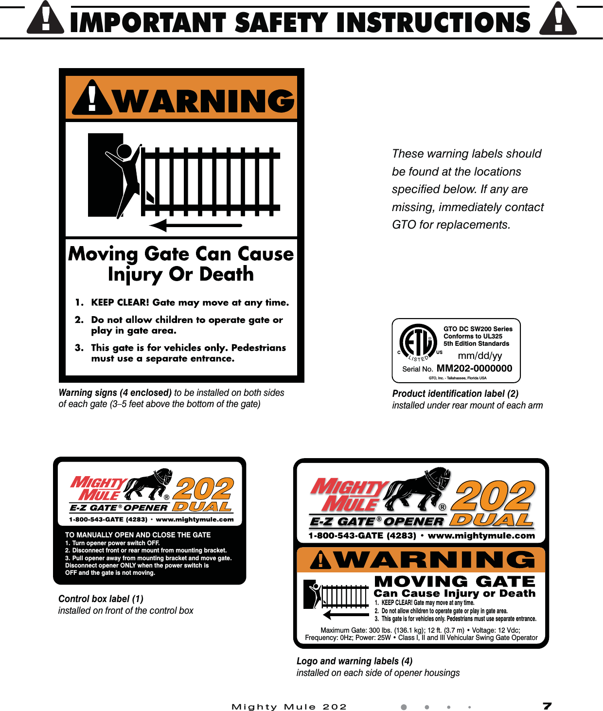 IMPORTANT SAFETY INSTRUCTIONSMighty Mule 202                    7Warning signs (4 enclosed) to be installed on both sidesof each gate (3&ndash;5 feet above the bottom of the gate)!Product identification label (2) installed under rear mount of each armControl box label (1) installed on front of the control boxLogo and warning labels (4)installed on each side of opener housingsGTO DC SW200 Series Conforms to UL325 5th Edition StandardsSerial No. MM202-0000000mm/dd/yyGTO, Inc. - Tallahassee, Florida USATO MANUALLY OPEN AND CLOSE THE GATE1. Turn opener power switch OFF.     2. Disconnect front or rear mount from mounting bracket.3. Pull opener away from mounting bracket and move gate.Disconnect opener ONLY when the power switch is OFF and the gate is not moving.&reg;E-Z GATE  OPENER&reg;202DUAL1.  KEEP CLEAR! Gate may move at any time.2.  Do not allow children to operate gate or play in gate area.3.  This gate is for vehicles only. Pedestrians must use separate entrance..BYJNVN(BUFMCTLHGUNt7oltage: 12 Vdc; Frequency: 0Hz; PPXFS8t$MBTT***BOE***7ehicular Swing Gate Operator&reg;E-Z GATE  OPENER&reg;202DUALThese warning labels should be found at the locations speciﬁed below. If any are missing, immediately contact GTO for replacements. 