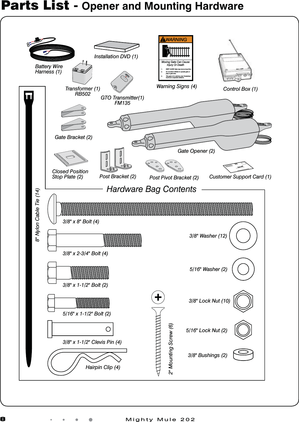 8            Mighty Mule 202Parts List - Opener and Mounting HardwareHairpin Clip (4)3/8" x 1-1/2" Clevis Pin (4)5/16" x 1-1/2" Bolt (2)3/8" x 1-1/2" Bolt (2)3/8" x 2-3/4" Bolt (4)3/8" x 8" Bolt (4)8" Nylon Cable Tie (14)3/8" Washer (12)5/16" Washer (2)3/8" Lock Nut (10)5/16" Lock Nut (2)Hardware Bag Contents Gate Opener (2)Installation DVD (1)Gate Bracket (2)Post Pivot Bracket (2)3/8" Bushings (2)Customer Support Card (1)Post Bracket (2)Closed PositionStop Plate (2)2" Mounting Screw (6)Transformer (1)RB502Battery WireHarness (1)Warning Signs (4)GTO Transmitter(1)FM1351.  KEEP CLEAR! Gate may move at any time.  2.  Do not allow children to operate gate or    play in gate area.  3.  This gate is for vehicles only. Pedestrians   must use a separate entrance. Moving Gate Can Cause Injury Or Death WARNING ! Control Box (1)