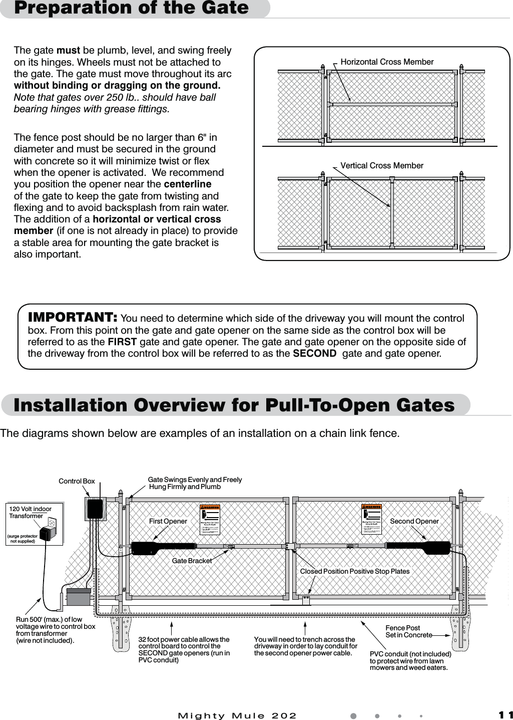 Mighty Mule 202               11Preparation of the Gate The gate must be plumb, level, and swing freely on its hinges. Wheels must not be attached to the gate. The gate must move throughout its arc without binding or dragging on the ground.  Note that gates over 250 lb.. should have ball bearing hinges with grease ﬁttings. The fence post should be no larger than 6" in diameter and must be secured in the ground XJUIDPODSFUFTPJUXJMMNJOJNJ[FUXJTUPSnFYwhen the opener is activated.  We recommend you position the opener near the centerline of the gate to keep the gate from twisting and nFYJOHBOEUPBWPJECBDLTQMBTIGSPNSBJOXBUFSThe addition of a horizontal or vertical cross member (if one is not already in place) to provide a stable area for mounting the gate bracket is also important. 32 foot power cable allows the control board to control the SECOND gate openers (run in PVC conduit)You will need to trench across the driveway in order to lay conduit for the second opener power cable. 120 Volt indoorTransformer(surge protector not supplied)Fence PostSet in ConcreteRun 500' (max.) of lowvoltage wire to control boxfrom transformer(wire not included).           PVC conduit (not included)to protect wire from lawnmowers and weed eaters.Gate Swings Evenly and Freely Hung Firmly and PlumbControl BoxFirst Opener Second Opener     Closed Position Positive Stop PlatesGate BracketInstallation Overview for Pull-To-Open GatesHorizontal Cross MemberVertical Cross MemberThe diagrams shown below are examples of an installation on a chain link fence.IMPORTANT: You need to determine which side of the driveway you will mount the control box. From this point on the gate and gate opener on the same side as the control box will be referred to as the FIRST gate and gate opener. The gate and gate opener on the opposite side of the driveway from the control box will be referred to as the SECOND  gate and gate opener.