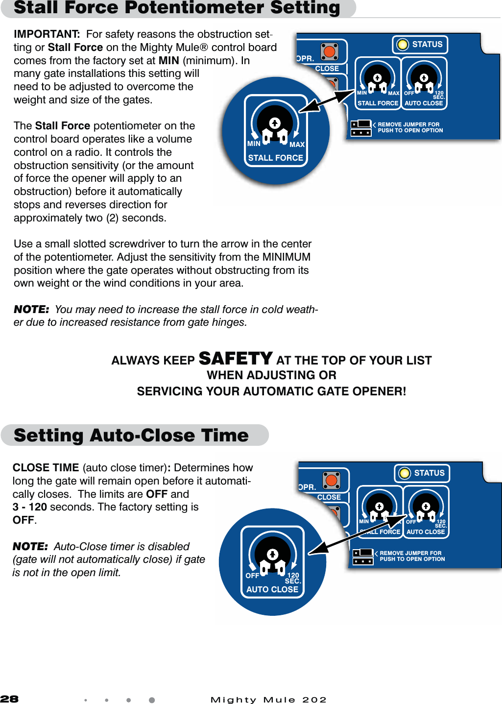 28            Mighty Mule 202Stall Force Potentiometer Setting    IMPORTANT:  For safety reasons the obstruction set-ting or Stall Force on the Mighty Mule&reg; control board comes from the factory set at MIN (minimum). In many gate installations this setting will need to be adjusted to overcome the weight and size of the gates.The Stall Force potentiometer on the control board operates like a volume control on a radio. It controls the obstruction sensitivity (or the amount of force the opener will apply to an obstruction) before it automatically stops and reverses direction for approximately two (2) seconds. Use a small slotted screwdriver to turn the arrow in the center of the potentiometer. Adjust the sensitivity from the MINIMUM position where the gate operates without obstructing from its own weight or the wind conditions in your area.NOTE:  You may need to increase the stall force in cold weath-er due to increased resistance from gate hinges.Setting Auto-Close TimeCLOSE TIME (auto close timer): Determines how long the gate will remain open before it automati-cally closes.  The limits are OFF and3 - 120 seconds. The factory setting is OFF.NOTE:  Auto-Close timer is disabled (gate will not automatically close) if gate is not in the open limit.ALWAYS KEEP SAFETY AT THE TOP OF YOUR LISTWHEN ADJUSTING ORSERVICING YOUR AUTOMATIC GATE OPENER!struction set-control board mum). In MIN MAX OFFREMOVE JUMPER FORPUSH TO OPEN OPTION120SEC.STALL FORCEG  >  CLOSESETLIMITOPR.OPR.STATUSAUTO CLOSEMIN MAXSTALL FORCEnes how utomati-MIN MAX OFFREMOVE JUMPER FORPUSH TO OPEN OPTION120SEC.STALL FORCEG  >  CLOSESETLIMITOPR.OPR.STATUSAUTO CLOSEOFF 120SEC.AUTO CLOSE