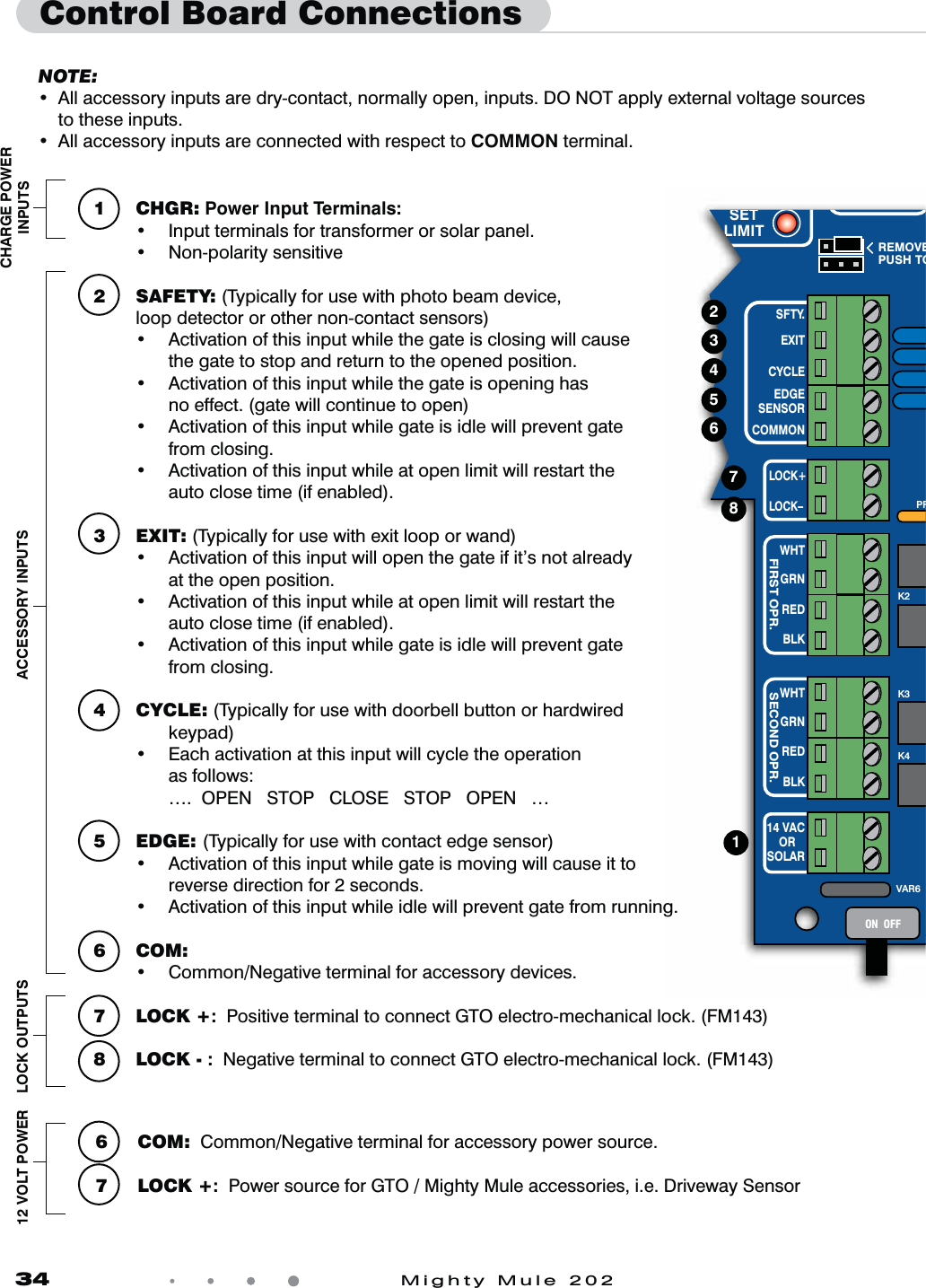 34            Mighty Mule 202 1  CHGR: Power Input Terminals:  t *OQVUUFSNJOBMTGPSUSBOTGPSNFSPSTPMBSQBOFM  t /POQPMBSJUZTFOTJUJWF 2  SAFETY: (Typically for use with photo beam device,    loop detector or other non-contact sensors)  t "DUJWBUJPOPGUIJTJOQVUXIJMFUIFHBUFJTDMPTJOHXJMMDBVTF      the gate to stop and return to the opened position.  t "DUJWBUJPOPGUIJTJOQVUXIJMFUIFHBUFJTPQFOJOHIBT      no effect. (gate will continue to open)  t "DUJWBUJPOPGUIJTJOQVUXIJMFHBUFJTJEMFXJMMQSFWFOUHBUF     from closing.  t "DUJWBUJPOPGUIJTJOQVUXIJMFBUPQFOMJNJUXJMMSFTUBSUUIF      auto close time (if enabled).  3  EXIT: (Typically for use with exit loop or wand)  t "DUJWBUJPOPGUIJTJOQVUXJMMPQFOUIFHBUFJGJUTOPUBMSFBEZ      at the open position.  t "DUJWBUJPOPGUIJTJOQVUXIJMFBUPQFOMJNJUXJMMSFTUBSUUIF      auto close time (if enabled).  t "DUJWBUJPOPGUIJTJOQVUXIJMFHBUFJTJEMFXJMMQSFWFOUHBUF     from closing. 4  CYCLE: (Typically for use with doorbell button or hardwired         keypad)  t &amp;BDIBDUJWBUJPOBUUIJTJOQVUXJMMDZDMFUIFPQFSBUJPO   as follows:      &hellip;.  OPEN   STOP   CLOSE   STOP   OPEN   &hellip;  5  EDGE: (Typically for use with contact edge sensor)  t "DUJWBUJPOPGUIJTJOQVUXIJMFHBUFJTNPWJOHXJMMDBVTFJUUP      reverse direction for 2 seconds.     t "DUJWBUJPOPGUIJTJOQVUXIJMFJEMFXJMMQSFWFOUHBUFGSPNSVOOJOH   6  COM:  t $PNNPO/FHBUJWFUFSNJOBMGPSBDDFTTPSZEFWJDFT 7  LOCK +:  Positive terminal to connect GTO electro-mechanical lock. (FM143) 8  LOCK - :  Negative terminal to connect GTO electro-mechanical lock. (FM143)  HVAR6PFK2K3K4REMOVEPUSH TOSETLIMITSFTY.EXITCYCLEEDGESENSORCOMMONLOCK+LOCK&ndash;WHTGRNREDBLKWHTGRNSECOND OPR.FIRST OPR.REDBLK14 VACOR   SOLARON  OFF18765432NOTE: t "MMBDDFTTPSZJOQVUTBSFESZDPOUBDUOPSNBMMZPQFOJOQVUT%0/05BQQMZFYUFSOBMWPMUBHFTPVSDFT    to these inputs.t "MMBDDFTTPSZJOQVUTBSFDPOOFDUFEXJUISFTQFDUUPCOMMON terminal.Control Board ConnectionsLOCK OUTPUTS12 VOLT POWERCHARGE POWERINPUTSACCESSORY INPUTS 6  COM:  Common/Negative terminal for accessory power source. 7  LOCK +:  Power source for GTO / Mighty Mule accessories, i.e. Driveway Sensor