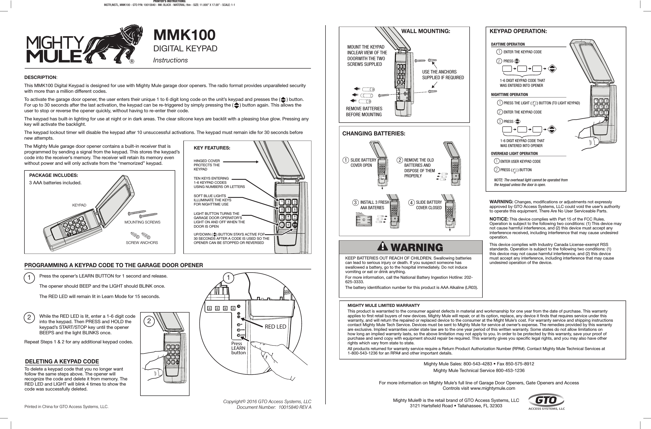 GTO Access Systems MMK100 Digital Keypad User Manual