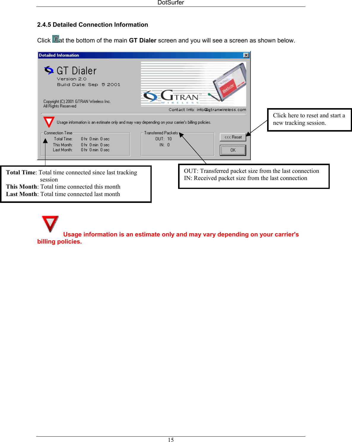 DotSurfer 2.4.5 Detailed Connection Information   Click  at the bottom of the main GT Dialer screen and you will see a screen as shown below.   OUT: Transferred packet size from the last connection IN: Received packet size from the last connection Click here to reset and start a new tracking session.        Total Time: Total time connected since last tracking        session This Month: Total time connected this month Last Month: Total time connected last month Usage information is an estimate only and may vary depending on your carrier&apos;s billing policies.   15