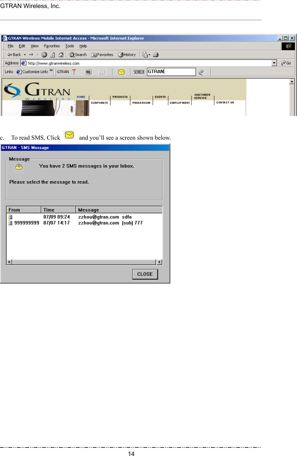  GTRAN Wireless, Inc.                                                             c.  To read SMS, Click    and you’ll see a screen shown below.   14