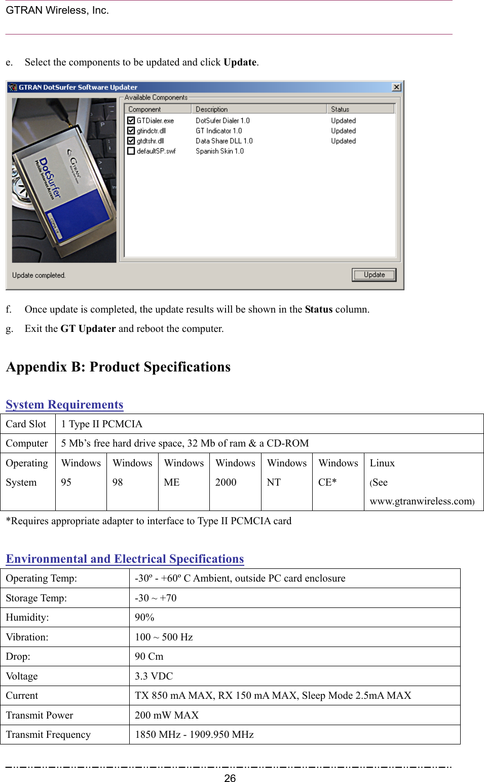  GTRAN Wireless, Inc.                                                           e.  Select the components to be updated and click Update.  f.  Once update is completed, the update results will be shown in the Status column. g. Exit the GT Updater and reboot the computer.   Appendix B: Product Specifications  System Requirements Card Slot  1 Type II PCMCIA Computer  5 Mb’s free hard drive space, 32 Mb of ram &amp; a CD-ROM Operating System Windows 95 Windows 98 Windows ME Windows 2000 Windows NT Windows CE* Linux  (See www.gtranwireless.com) *Requires appropriate adapter to interface to Type II PCMCIA card  Environmental and Electrical Specifications Operating Temp:  -30º - +60º C Ambient, outside PC card enclosure Storage Temp:  -30 ~ +70 Humidity: 90% Vibration:  100 ~ 500 Hz Drop: 90 Cm Voltage 3.3 VDC Current  TX 850 mA MAX, RX 150 mA MAX, Sleep Mode 2.5mA MAX Transmit Power  200 mW MAX Transmit Frequency  1850 MHz - 1909.950 MHz  26