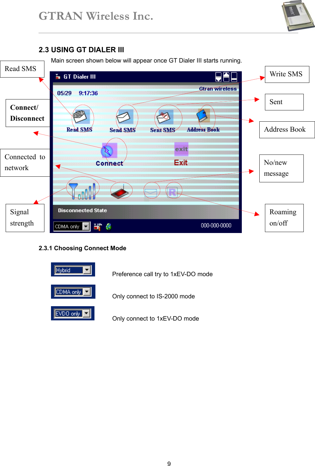 GTRAN Wireless Inc.   92.3 USING GT DIALER III   Main screen shown below will appear once GT Dialer III starts running.         2.3.1 Choosing Connect Mode   Preference call try to 1xEV-DO mode   Only connect to IS-2000 mode   Only connect to 1xEV-DO mode Signal strength Connected tonetwork Roaming on/off No/new message Connect/ Disconnect Address Book Sent Write SMSRead SMS 