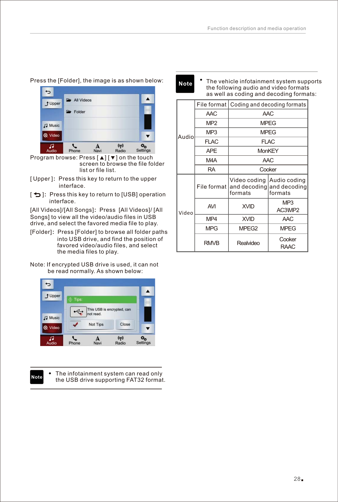 Press the [Folder], the image is as shown below: Program browse: Press [    ] [    ] on the touch                                screen to browse the file folder                                list or file list. Upper Press this key to return to the upper                   interface.        Press this key to return to [USB] operation             interface. [  ]：[  ]：[All Videos]/[All Songs]：Press  [All Videos]/ [All Songs] to view all the video/audio files in USB drive, and select the favored media file to play.[Folder]：Press [Folder] to browse all folder paths                  into USB drive, and find the position of                  favored video/audio files, and select                  the media files to play. Note: If encrypted USB drive is used, it can not            be read normally. As shown below:                The infotainment system can read only                 the USB drive supporting FAT32 format.   NoteFile formatAudioAACMP2MP3FLACAPEM4ARAAVIMP4MPGRMVBThe vehicle infotainment system supports the following audio and video formats as well as coding and decoding formats:File formatVideoCoding and decoding formatsAACMPEGMPEGFLACMonKEYAACCookerXVIDXVIDMPEG2RealvideoMP3AC3\MP2AACMPEGCookerRAACVideo coding and decoding formatsAudio coding and decoding formats28Function description and media operationNote