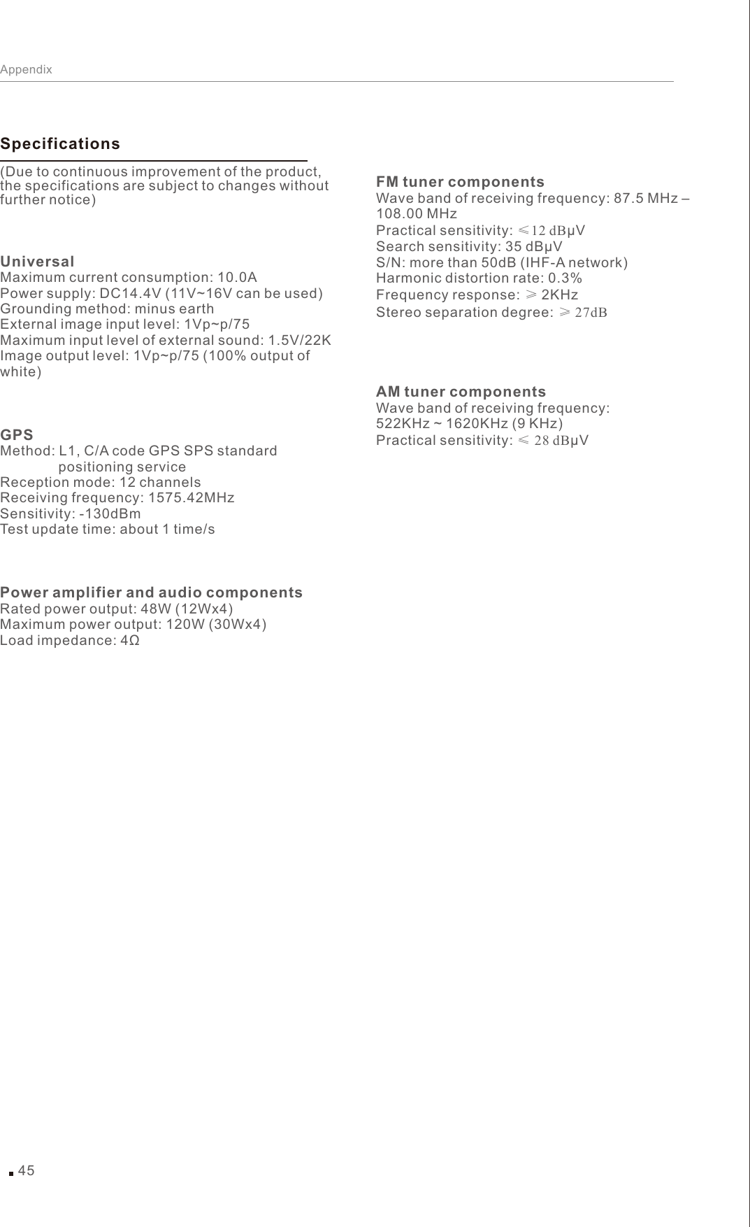 45AppendixSpecifications (Due to continuous improvement of the product, the specifications are subject to changes without further notice)UniversalMaximum current consumption: 10.0A Power supply: DC14.4V (11V~16V can be used)Grounding method: minus earth External image input level: 1Vp~p/75 Maximum input level of external sound: 1.5V/22K Image output level: 1Vp~p/75 (100% output of white)GPSMethod: L1, C/A code GPS SPS standard                positioning service Reception mode: 12 channels Receiving frequency: 1575.42MHz Sensitivity: -130dBm Test update time: about 1 time/sPower amplifier and audio componentsRated power output: 48W (12Wx4) Maximum power output: 120W (30Wx4) Load impedance: 4ΩFM tuner componentsWave band of receiving frequency: 87.5 MHz – 108.00 MHzPractical sensitivity: ≤12 dBµVSearch sensitivity: 35 dBµVS/N: more than 50dB (IHF-A network) Harmonic distortion rate: 0.3%Frequency response: ≥ 2KHzStereo separation degree: ≥ 27dBAM tuner componentsWave band of receiving frequency: 522KHz ~ 1620KHz (9 KHz)Practical sensitivity: ≤ 28 dBµV