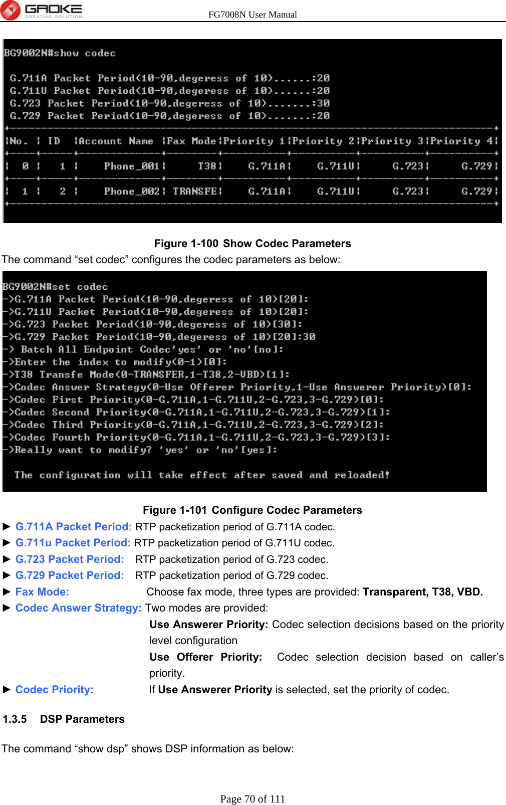 FG7008N User Manual Page 70 of 111   Figure 1-100  Show Codec Parameters The command “set codec” configures the codec parameters as below:  Figure 1-101  Configure Codec Parameters ► G.711A Packet Period: RTP packetization period of G.711A codec. ► G.711u Packet Period: RTP packetization period of G.711U codec. ► G.723 Packet Period:    RTP packetization period of G.723 codec. ► G.729 Packet Period:    RTP packetization period of G.729 codec. ► Fax Mode:              Choose fax mode, three types are provided: Transparent, T38, VBD. ► Codec Answer Strategy: Two modes are provided: Use Answerer Priority: Codec selection decisions based on the priority level configuration Use Offerer Priority:  Codec selection decision based on caller’s priority. ► Codec Priority:          If Use Answerer Priority is selected, set the priority of codec. 1.3.5 DSP Parameters The command “show dsp” shows DSP information as below: 