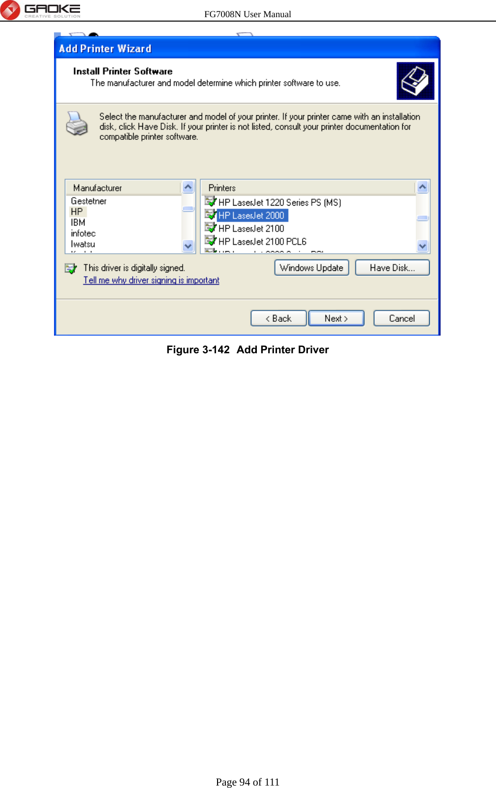 FG7008N User Manual Page 94 of 111   Figure 3-142   Add Printer Driver 