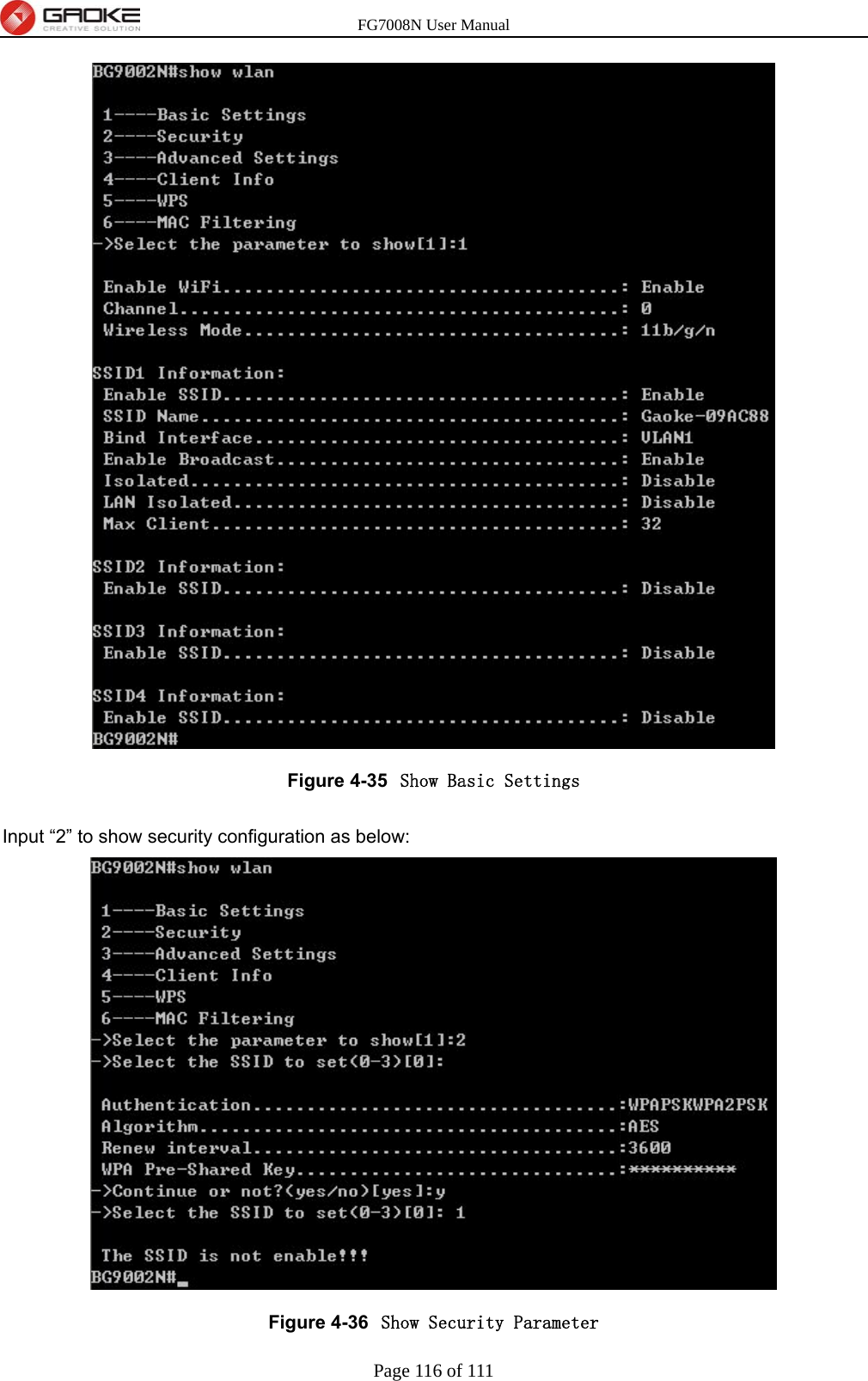 FG7008N User Manual Page 116 of 111   Figure 4-35  Show Basic Settings  Input “2” to show security configuration as below:  Figure 4-36  Show Security Parameter 