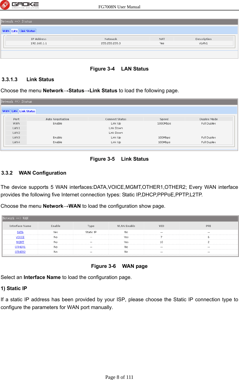 FG7008N User Manual Page 8 of 111   Figure 3-4  LAN Status 3.3.1.3 Link Status Choose the menu Network→Status→Link Status to load the following page.  Figure 3-5  Link Status 3.3.2 WAN Configuration The device supports 5 WAN interfaces:DATA,VOICE,MGMT,OTHER1,OTHER2; Every WAN interface provides the following five Internet connection types: Static IP,DHCP,PPPoE,PPTP,L2TP. Choose the menu Network→WAN to load the configuration show page.    Figure 3-6  WAN page Select an Interface Name to load the configuration page.   1) Static IP   If a static IP address has been provided by your ISP, please choose the Static IP connection type to configure the parameters for WAN port manually.   