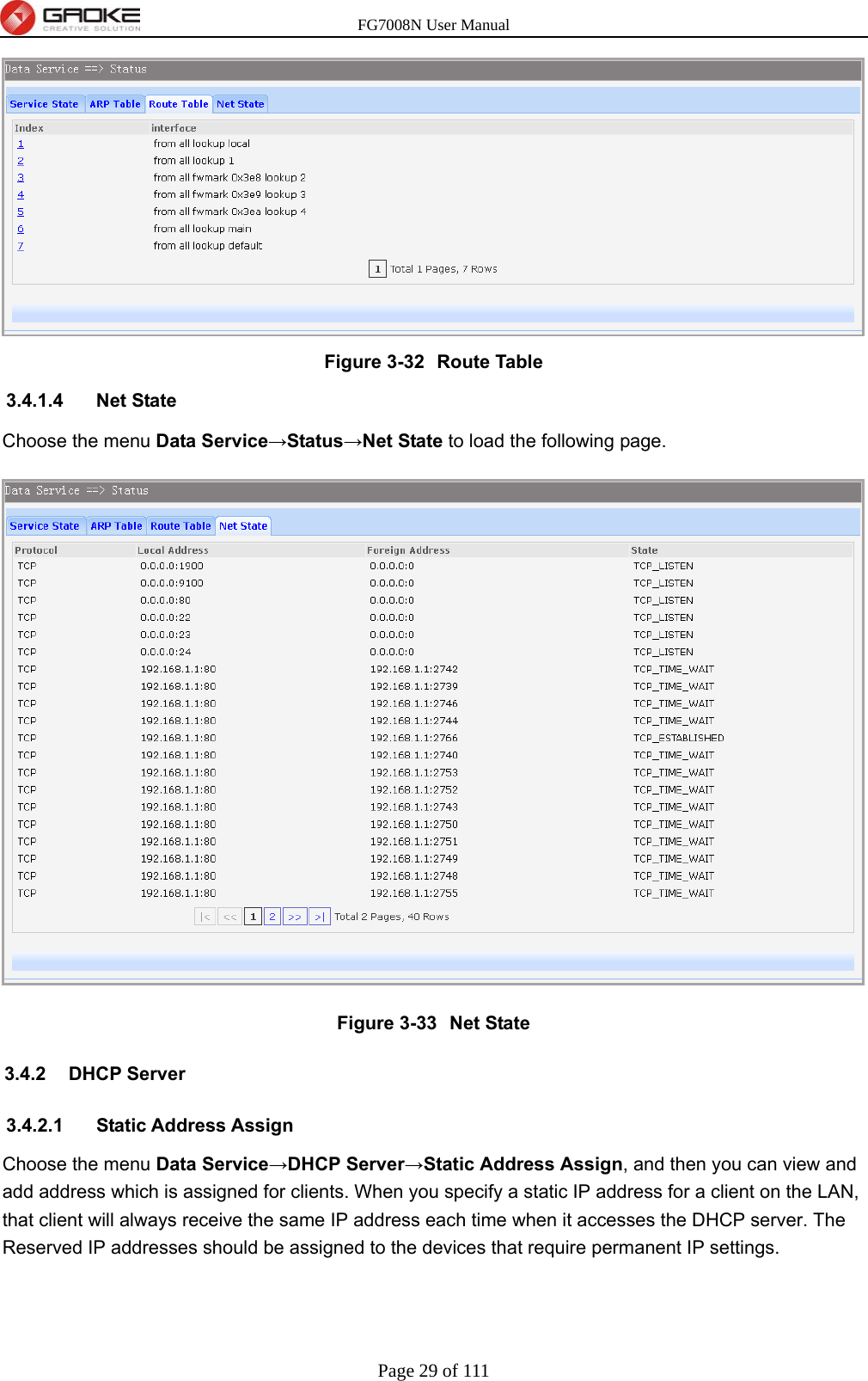 FG7008N User Manual Page 29 of 111   Figure 3-32  Route Table 3.4.1.4 Net State Choose the menu Data Service→Status→Net State to load the following page.  Figure 3-33  Net State 3.4.2 DHCP Server 3.4.2.1  Static Address Assign Choose the menu Data Service→DHCP Server→Static Address Assign, and then you can view and add address which is assigned for clients. When you specify a static IP address for a client on the LAN, that client will always receive the same IP address each time when it accesses the DHCP server. The Reserved IP addresses should be assigned to the devices that require permanent IP settings. 