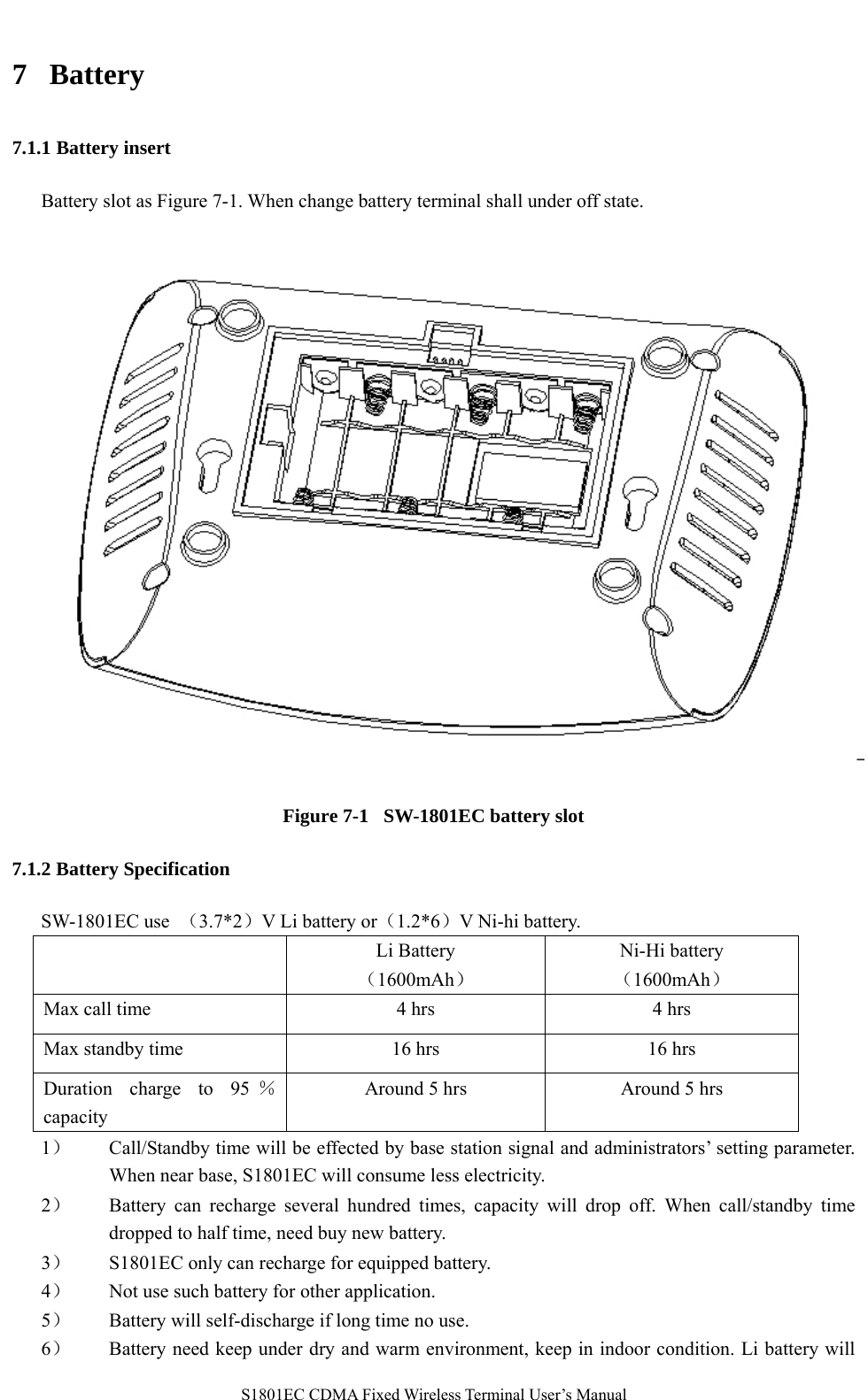   S1801EC CDMA Fixed Wireless Terminal User’s Manual 7 Battery  7.1.1 Battery insert Battery slot as Figure 7-1. When change battery terminal shall under off state.    Figure 7-1   SW-1801EC battery slot 7.1.2 Battery Specification SW-1801EC use  （3.7*2）V Li battery or（1.2*6）V Ni-hi battery.    Li Battery （1600mAh） Ni-Hi battery   （1600mAh） Max call time  4 hrs  4 hrs Max standby time  16 hrs  16 hrs Duration charge to 95 ％ capacity Around 5 hrs  Around 5 hrs 1） Call/Standby time will be effected by base station signal and administrators’ setting parameter. When near base, S1801EC will consume less electricity.   2） Battery can recharge several hundred times, capacity will drop off. When call/standby time dropped to half time, need buy new battery.   3） S1801EC only can recharge for equipped battery.   4） Not use such battery for other application.   5） Battery will self-discharge if long time no use.   6） Battery need keep under dry and warm environment, keep in indoor condition. Li battery will 