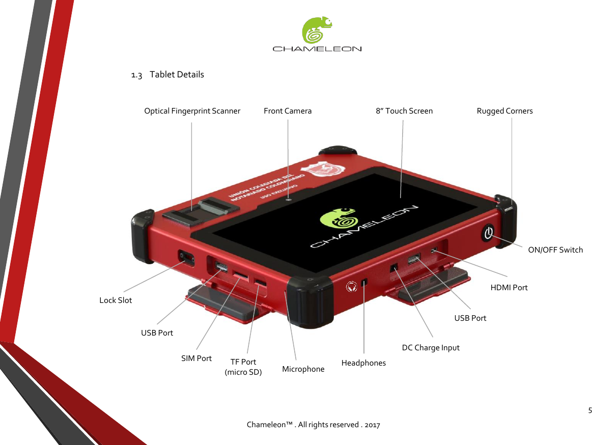 51.3    Tablet DetailsChameleon™ . All rights reserved . 2017Optical Fingerprint ScannerLock SlotRugged CornersON/OFF Switch8” Touch ScreenFront CameraSIM Port TF Port(micro SD)DC Charge InputHeadphonesUSB PortUSB PortHDMI PortMicrophone