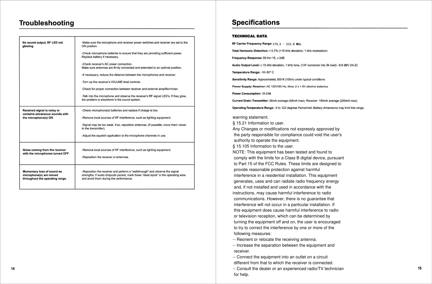 warning statement.§ 15.21 Information to user.Any Changes or modifications not expressly approved by the party responsible for compliance could void the user&apos;s authority to operate the equipment.§ 15.105 Information to the user.NOTE: This equipment has been tested and found to comply with the limits for a Class B digital device, pursuant to Part 15 of the FCC Rules. These limits are designed to provide reasonable protection against harmful interference in a residential installation. This equipment generates, uses and can radiate radio frequency energy and, if not installed and used in accordance with theinstructions, may cause harmful interference to radio communications. However, there is no guarantee that interference will not occur in a particular installation. If this equipment does cause harmful interference to radio or television reception, which can be determined by turning the equipment off and on, the user is encouraged to try to correct the interference by one or more of the following measures:-- Reorient or relocate the receiving antenna.-- Increase the separation between the equipment and receiver.-- Connect the equipment into an outlet on a circuit different from that to which the receiver is connected.-- Consult the dealer or an experienced radio/TV technician for help.