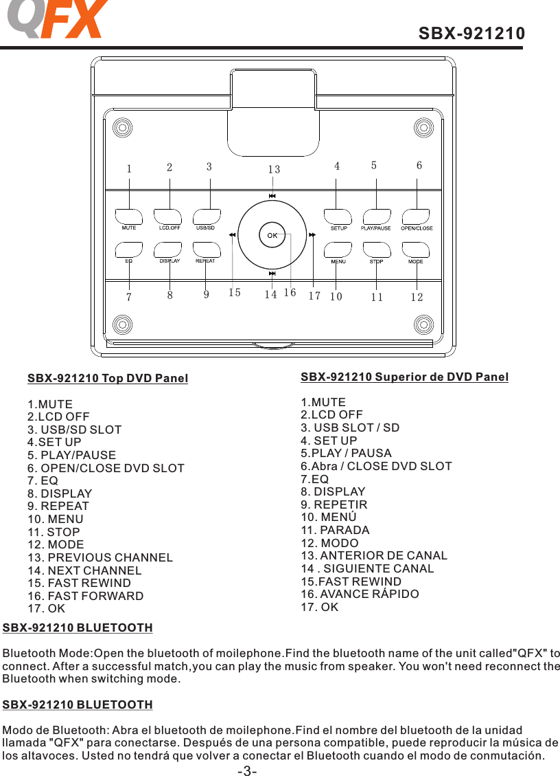 -3-1234567891 0 1 1 1 21 31 41 5 1 6 1 7SBX-921210 Top DVD Panel1.MUTE 2.LCD OFF 3. USB/SD SLOT 4.SET UP 5. PLAY/PAUSE 6. OPEN/CLOSE DVD SLOT  7. EQ 8. DISPLAY 9. REPEAT 10. MENU 11. STOP 12. MODE 13. PREVIOUS CHANNEL 14. NEXT CHANNEL 15. FAST REWIND 16. FAST FORWARD 17. OKSBX-921210 Superior de DVD Panel1.MUTE 2.LCD OFF 3. USB SLOT / SD 4. SET UP 5.PLAY / PAUSA 6.Abra / CLOSE DVD SLOT 7.EQ 8. DISPLAY   9. REPETIR 10. MENÚ 11. PARADA 12. MODO13. ANTERIOR DE CANAL 14 . SIGUIENTE CANAL 15.FAST REWIND 16. AVANCE RÁPIDO 17. OKSBX-921210 BLUETOOTHBluetooth Mode:Open the bluetooth of moilephone.Find the bluetooth name of the unit called&quot;QFX&quot; to connect. After a successful match,you can play the music from speaker. You won&apos;t need reconnect the Bluetooth when switching mode. SBX-921210 BLUETOOTHModo de Bluetooth: Abra el bluetooth de moilephone.Find el nombre del bluetooth de la unidad llamada &quot;QFX&quot; para conectarse. Después de una persona compatible, puede reproducir la música de los altavoces. Usted no tendrá que volver a conectar el Bluetooth cuando el modo de conmutación.SBX-921210 