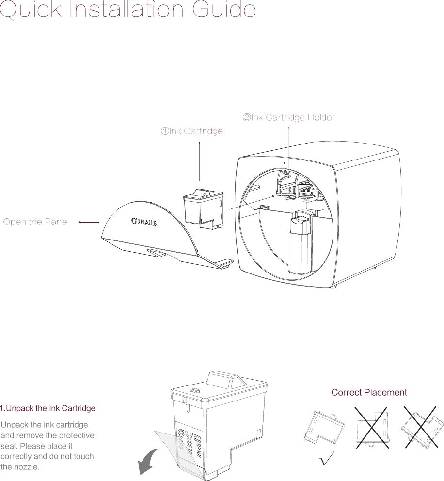 Quick Installation Guide&radic;Open the Panel①Ink Cartridge②Ink Cartridge Holder1.Unpack the Ink Cartridge Correct PlacementUnpack the ink cartridge and remove the protective seal. Please place it correctly and do not touch the nozzle.