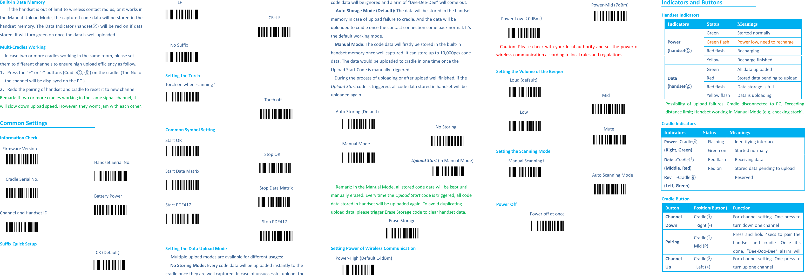 Built-in Data Memory If the handset is out of limit to wireless contact radius, or it works in the Manual Upload Mode, the captured code data will be stored in the handset memory. The Data Indicator (handset②) will be red on if data stored. It will turn green on once the data is well uploaded.   Multi-Cradles Working   In case two or more cradles working in the same room, please set them to different channels to ensure high upload efficiency as follow.   1．Press the &ldquo;+&rdquo; or &ldquo;-&rdquo; buttons (Cradle②, ③) on the cradle. (The No. of the channel will be displayed on the PC.)   2．Redo the pairing of handset and cradle to reset it to new channel.   Remark: If two or more cradles working in the same signal channel, it will slow down upload speed. However, they won&rsquo;t jam with each other.    Common Settings Information Check Firmware Version                        Handset Serial No. Cradle Serial No.                                                Battery Power Channel and Handset ID                      Suffix Quick Setup CR (Default)                                            LF                              CR+LF  No Suffix    Setting the Torch Torch on when scanning*                            Torch off                                             Common Symbol Setting Start QR                            Stop QR Start Data Matrix                                                                     Stop Data Matrix Start PDF417                                                        Stop PDF417                                      Setting the Data Upload Mode Multiple upload modes are available for different usages: No Storing Mode: Every code data will be uploaded instantly to the cradle once they are well captured. In case of unsuccessful upload, the code data will be ignored and alarm of &ldquo;Dee-Dee-Dee&rdquo; will come out. Auto Storage Mode (Default): The data will be stored in the handset memory in case of upload failure to cradle. And the data will be uploaded to cradle once the contact connection come back normal. It&rsquo;s the default working mode.   Manual Mode: The code data will firstly be stored in the built-in handset memory once well captured. It can store up to 10,000pcs code data. The data would be uploaded to cradle in one time once the Upload Start Code is manually triggered.   During the process of uploading or after upload well finished, if the Upload Start code is triggered, all code data stored in handset will be uploaded again.      Auto Storing (Default)                          No Storing Manual Mode                                          Upload Start (in Manual Mode)   Remark: In the Manual Mode, all stored code data will be kept until manually erased. Every time the Upload Start code is triggered, all code data stored in handset will be uploaded again. To avoid duplicating upload data, please trigger Erase Storage code to clear handset data.   Erase Storage  Setting Power of Wireless Communication   Power-High (Default 14dBm)                                                  Power-Mid (7dBm) Power-Low（0dBm）                       Caution: Please check with your  local authority and set the power of wireless communication according to local rules and regulations.  Setting the Volume of the Beeper     Loud (default)                            Mid Low                                                        Mute                                     Setting the Scanning Mode Manual Scanning*                     Auto Scanning Mode                                      Power Off   Power off at once      Indicators and Buttons   Handset Indicators Indicators  Status  Meanings Power   (handset①) Green   Started normally Green flash Power low, need to recharge Red flash  Recharging Yellow  Recharge finished Data   (handset②) Green All data uploaded Red Stored data pending to upload Red flash Data storage is full Yellow flash Data is uploading Possibility of upload failures: Cradle disconnected to PC; Exceeding distance limit; Handset working in Manual Mode (e.g. checking stock).   Cradle Indicators Indicators  Status  Meanings Power -Cradle④ (Right, Green) Flashing  Identifying interface   Green on Started normally   Data -Cradle⑤ (Middle, Red) Red flash  Receiving data   Red on Stored data pending to upload   Rev  -Cradle⑥ (Left, Green)  Reserved   Cradle Button Button Position(Button)  Function Channel Down Cradle③  Right (-) For channel setting. One press to turn down one channel Pairing Cradle① Mid (P) Press and hold 4secs to pair the handset and cradle. Once it&rsquo;s done, &ldquo;Dee-Doo-Dee&rdquo; alarm will    Channel Up Cradle② Left (+) For channel setting. One press to turn up one channel  