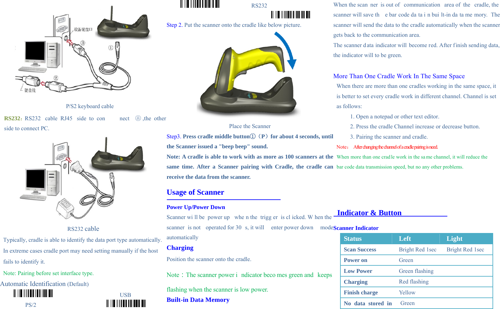  P/S2 keyboard cable   RS232：RS232  cable  RJ45   side  to  con nect   ⑧ ,the other side to connect PC.    RS232 cable Typically, cradle is able to identify the data port type automatically. In extreme cases cradle port may need setting manually if the host fails to identify it. Note: Pairing before set interface type. Automatic Identification (Default)                        USB  PS/2                                                RS232           Step 2. Put the scanner onto the cradle like below picture.  Place the Scanner Step3. Press cradle middle button①（P）for about 4 seconds, until the Scanner issued a "beep beep" sound. Note: A cradle is able to work with as more as 100 scanners at the same time. After a Scanner pairing with Cradle, the cradle can receive the data from the scanner. Usage of Scanner Power Up/Power Down Scanner wi ll be  power up  whe n the  trigg er is cl icked. W hen the  scanner is not  operated for 30 s, it will  enter power down  mode automatically  Charging Position the scanner onto the cradle. Note：The scanner power i ndicator beco mes green and  keeps flashing when the scanner is low power. Built-in Data Memory When the scan ner is out of  communication  area of  the  cradle, the  scanner will save th e bar code da ta i n bui lt-in da ta me mory. The scanner will send the data to the cradle automatically when the scanner gets back to the communication area. The scanner d ata indicator will become red. After f inish sending data, the indicator will to be green.    More Than One Cradle Work In The Same Space When there are more than one cradles working in the same space, it is better to set every cradle work in different channel. Channel is set as follows: 1. Open a notepad or other text editor. 2. Press the cradle Channel increase or decrease button.   3. Pairing the scanner and cradle. Note：  After changing the channel of a cradle pairing is need. When more than one cradle work in the sa me channel, it will reduce the  bar code data transmission speed, but no any other problems.      Indicator &amp; Button Scanner Indicator Status  Left  Light Scan Success  Bright Red 1sec  Bright Red 1sec Power on  Green  Low Power  Green flashing   Charging  Red flashing   Finish charge  Yellow    No data stored in   Green 