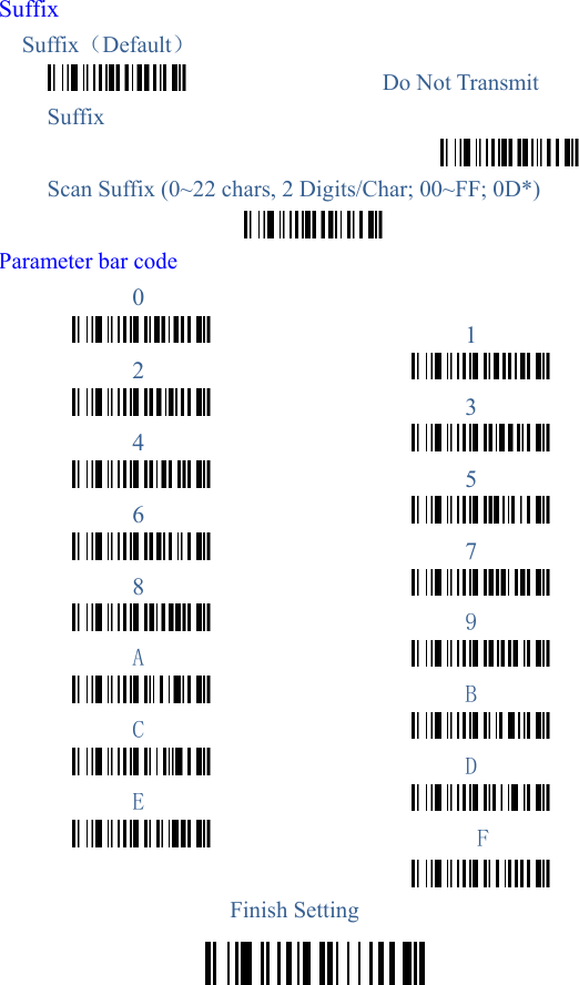 Suffix Suffix（Default）                  Do Not Transmit Suffix  Scan Suffix (0~22 chars, 2 Digits/Char; 00~FF; 0D*)  Parameter bar code 0                      1 2                                             3 4                                             5 6                                             7 8                                             9 A                                             B C                                             D E                                              F  Finish Setting 