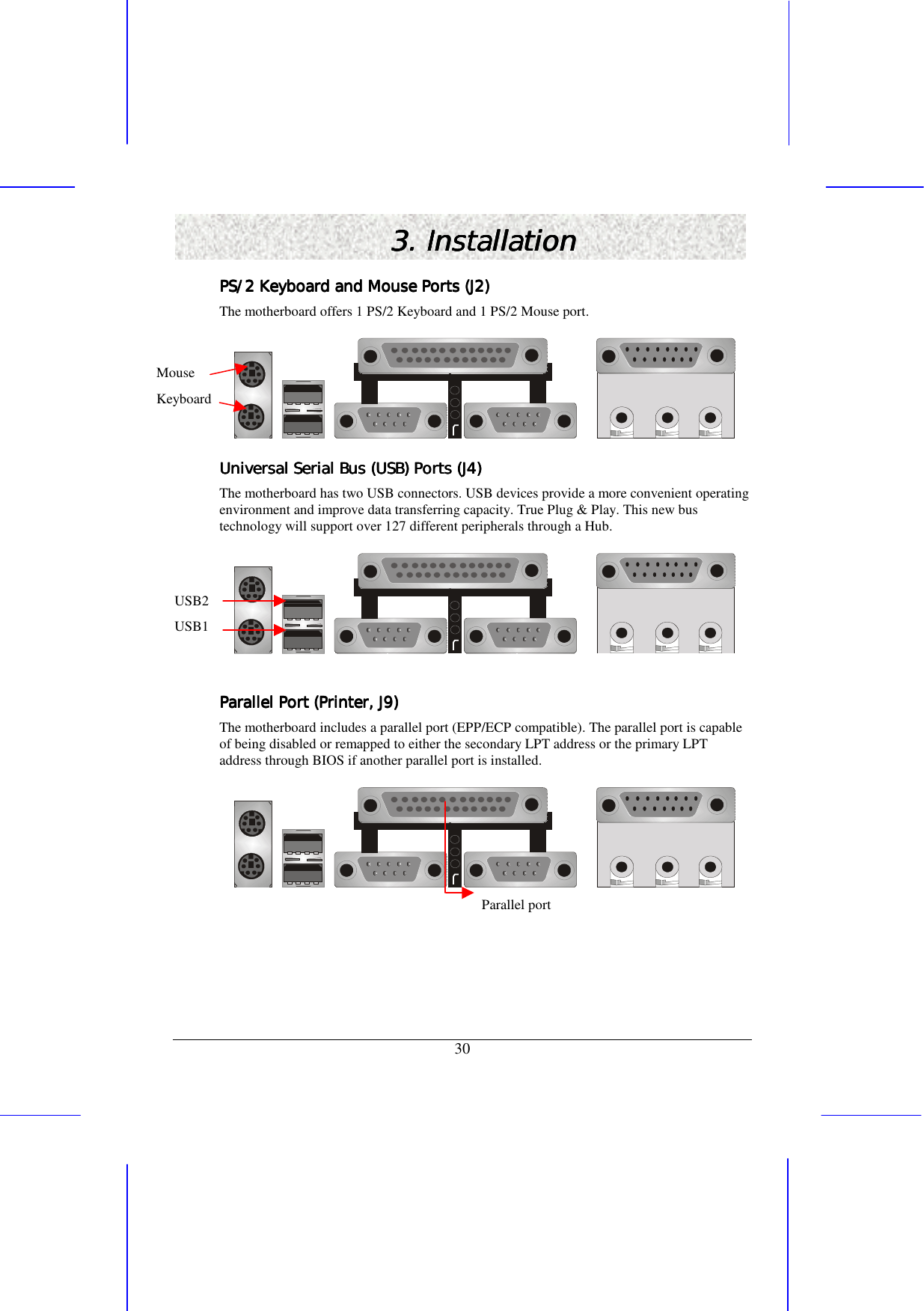   30 3. Installation3. Installation3. Installation3. Installation    PS/2 Keyboard and Mouse Ports (J2)PS/2 Keyboard and Mouse Ports (J2)PS/2 Keyboard and Mouse Ports (J2)PS/2 Keyboard and Mouse Ports (J2)    The motherboard offers 1 PS/2 Keyboard and 1 PS/2 Mouse port.  Universal Serial Bus (USB) Ports (J4)Universal Serial Bus (USB) Ports (J4)Universal Serial Bus (USB) Ports (J4)Universal Serial Bus (USB) Ports (J4)    The motherboard has two USB connectors. USB devices provide a more convenient operating environment and improve data transferring capacity. True Plug &amp; Play. This new bus technology will support over 127 different peripherals through a Hub.      Parallel Port (PrinterParallel Port (PrinterParallel Port (PrinterParallel Port (Printer, J9, J9, J9, J9))))    The motherboard includes a parallel port (EPP/ECP compatible). The parallel port is capable of being disabled or remapped to either the secondary LPT address or the primary LPT address through BIOS if another parallel port is installed.    Parallel port Mouse Keyboard USB2 USB1 