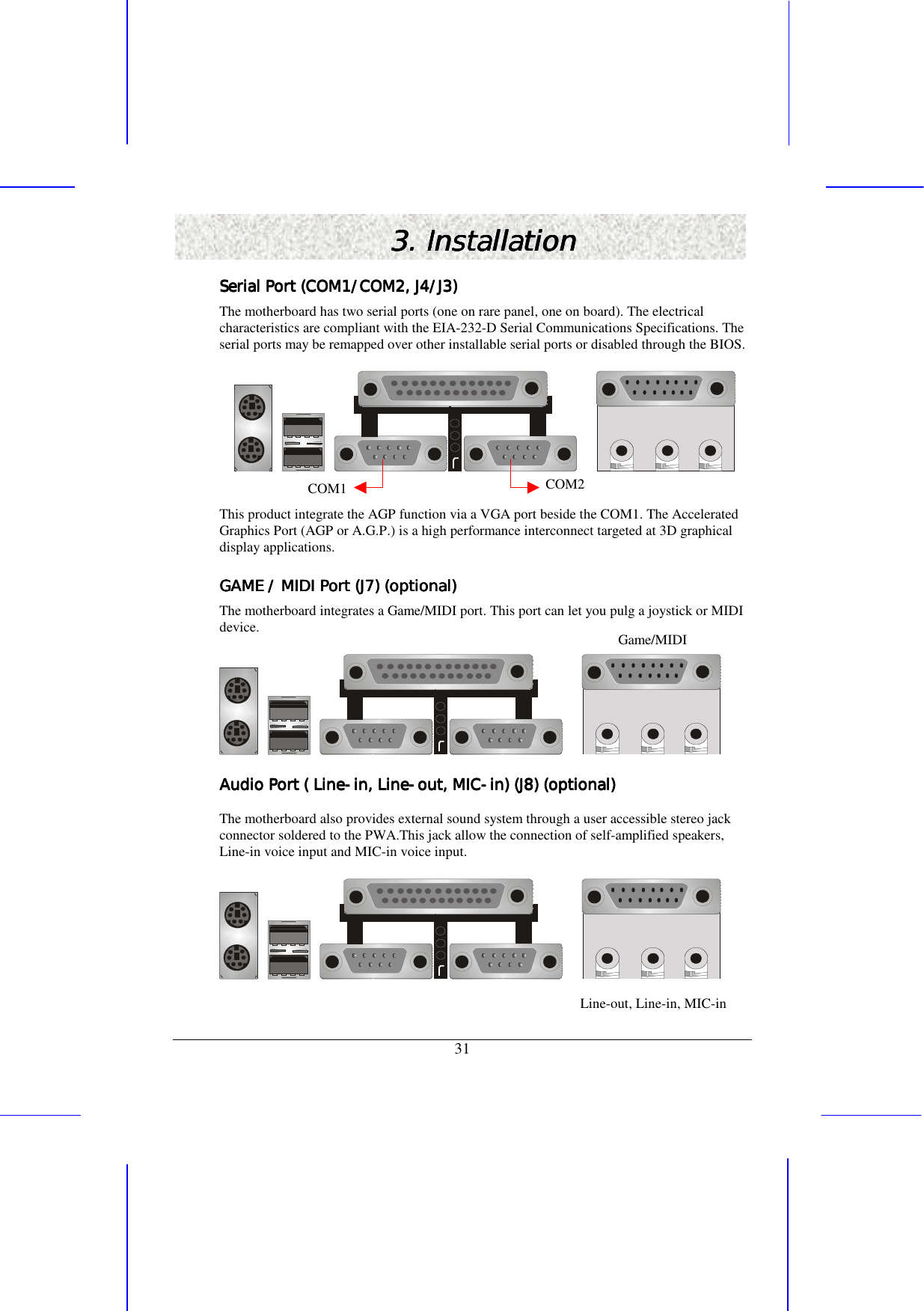   31 3. Installation3. Installation3. Installation3. Installation    Serial Port (COM1/COM2, J4/J3)Serial Port (COM1/COM2, J4/J3)Serial Port (COM1/COM2, J4/J3)Serial Port (COM1/COM2, J4/J3)    The motherboard has two serial ports (one on rare panel, one on board). The electrical characteristics are compliant with the EIA-232-D Serial Communications Specifications. The serial ports may be remapped over other installable serial ports or disabled through the BIOS.  COM1 This product integrate the AGP function via a VGA port beside the COM1. The Accelerated Graphics Port (AGP or A.G.P.) is a high performance interconnect targeted at 3D graphical display applications. GAME / MIDI Port (J7) (optional)GAME / MIDI Port (J7) (optional)GAME / MIDI Port (J7) (optional)GAME / MIDI Port (J7) (optional)    The motherboard integrates a Game/MIDI port. This port can let you pulg a joystick or MIDI device.  Audio Port ( LineAudio Port ( LineAudio Port ( LineAudio Port ( Line----in, Linein, Linein, Linein, Line----out, MICout, MICout, MICout, MIC----in)in)in)in) (J8) (optional) (J8) (optional) (J8) (optional) (J8) (optional)    The motherboard also provides external sound system through a user accessible stereo jack connector soldered to the PWA.This jack allow the connection of self-amplified speakers, Line-in voice input and MIC-in voice input.  COM2 Game/MIDI Line-out, Line-in, MIC-in 