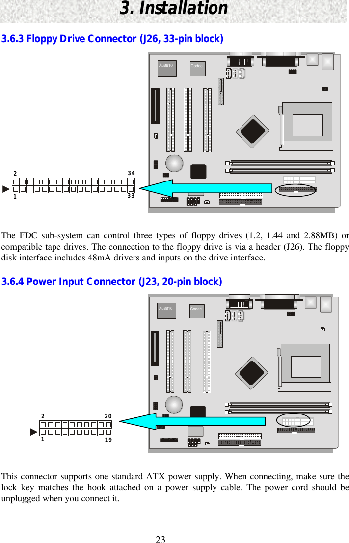 233. Installation3.6.3 Floppy Drive Connector (J26, 33-pin block)343321 Au8810 Codec The FDC sub-system can control three types of floppy drives (1.2, 1.44 and 2.88MB) orcompatible tape drives. The connection to the floppy drive is via a header (J26). The floppydisk interface includes 48mA drivers and inputs on the drive interface.3.6.4 Power Input Connector (J23, 20-pin block)201921 Au8810 Codec This connector supports one standard ATX power supply. When connecting, make sure thelock key matches the hook attached on a power supply cable. The power cord should beunplugged when you connect it.