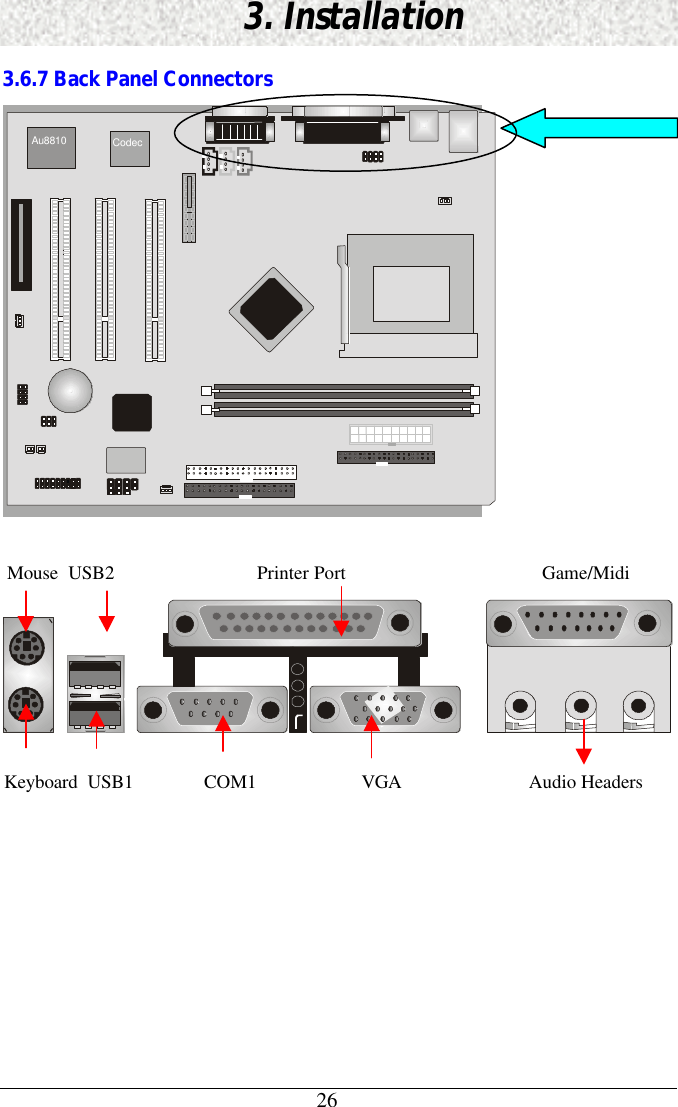 263. Installation3.6.7 Back Panel Connectors Au8810 Codec  Mouse  USB2      Printer Port        Game/MidiKeyboard  USB1    COM1                     VGA                Audio Headers