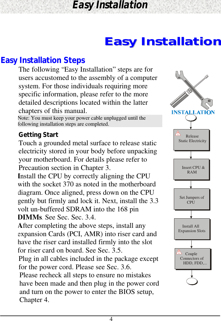 4Easy InstallationEEaassyy  IInnssttaallllaattiioonnEasy Installation StepsThe following “Easy Installation” steps are forusers accustomed to the assembly of a computersystem. For those individuals requiring morespecific information, please refer to the moredetailed descriptions located within the latterchapters of this manual.Note: You must keep your power cable unplugged until thefollowing installation steps are completed.Getting StartTouch a grounded metal surface to release staticelectricity stored in your body before unpackingyour motherboard. For details please refer toPrecaution section in Chapter 3.Install the CPU by correctly aligning the CPUwith the socket 370 as noted in the motherboarddiagram. Once aligned, press down on the CPUgently but firmly and lock it. Next, install the 3.3volt un-buffered SDRAM into the 168 pinDIMMs. See Sec. Sec. 3.4.After completing the above steps, install anyexpansion Cards (PCI, AMR) into riser card andhave the riser card installed firmly into the slotfor riser card on board. See Sec. 3.5.Plug in all cables included in the package exceptfor the power cord. Please see Sec. 3.6.Please recheck all steps to ensure no mistakeshave been made and then plug in the power cordand turn on the power to enter the BIOS setup,Chapter 4.       ReleaseStatic ElectricityInsert CPU &amp;     RAM    Install AllExpansion SlotsSet Jumpers of       CPU     CoupleConnectors of   HDD, FDD,...!!
