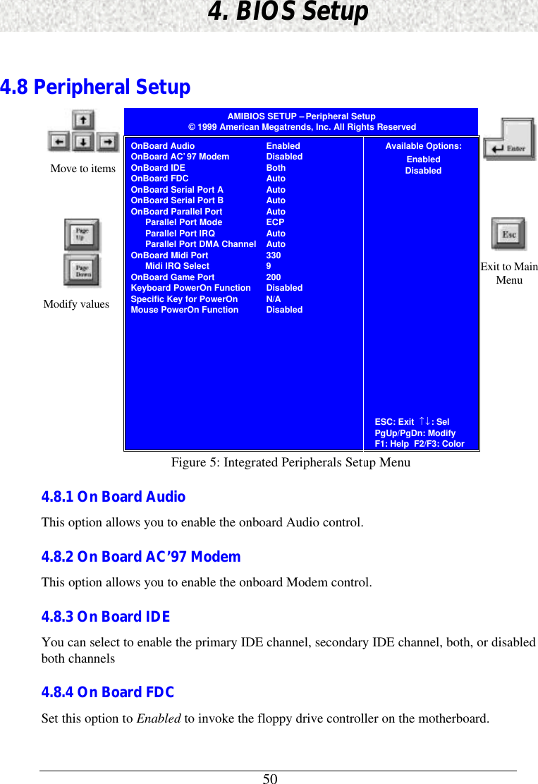 504. BIOS Setup4.8 Peripheral SetupAMIBIOS SETUP – Peripheral Setup© 1999 American Megatrends, Inc. All Rights ReservedMove to items Enter Sub-MenuModify valuesOnBoard AudioOnBoard AC’97 ModemOnBoard IDEOnBoard FDCOnBoard Serial Port AOnBoard Serial Port BOnBoard Parallel PortParallel Port ModeParallel Port IRQParallel Port DMA ChannelOnBoard Midi PortMidi IRQ SelectOnBoard Game PortKeyboard PowerOn FunctionSpecific Key for PowerOnMouse PowerOn FunctionEnabledDisabledBothAutoAutoAutoAutoECPAutoAuto3309200DisabledN/ADisabledAvailable Options:EnabledDisabledESC: Exit  ↑↓: SelPgUp/PgDn: ModifyF1: Help  F2/F3: ColorExit to MainMenuFigure 5: Integrated Peripherals Setup Menu4.8.1 On Board AudioThis option allows you to enable the onboard Audio control.4.8.2 On Board AC’97 ModemThis option allows you to enable the onboard Modem control.4.8.3 On Board IDEYou can select to enable the primary IDE channel, secondary IDE channel, both, or disabledboth channels4.8.4 On Board FDCSet this option to Enabled to invoke the floppy drive controller on the motherboard.