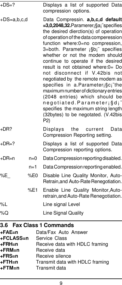 9+DS=? Displays a list of supported Datacompression options.+DS=a,b,c,d Data Compressin. a,b,c,d default=3,0,2048,32.Paramerer¡§a¡¨specifiesthe desired dierction(s) of operationof operation of the data comperessionfunction where:0=no compression,3=both. Parameter ¡§b¡¨ specifieswhether or not the modem shouldcontinue to operate if the desiredresult is not obtained where:0= Donot disconnect if V.42bis notnegotiated by  the remote modem asspecifies in  a.Parameter¡§c¡¨themaximum number of dictionary entries(2048 entries) which should benegotiated.Parameter¡§d¡¨specifies  the maximum string length(32bytes) to be negotated. (V.42bisP2)+DR? Displays the current DataCompression Reporting setting.+DR=? Displays a list of supported DataCompression reporting options.+DR=n n=0 Data Compression reporting disabled.n=1 Data Compression reporting enabled.%E_ %E0 Disable Line Quality Monitor, Auto-Retrain,and  Auto-Rate Renegotiation.%E1 Enable Line Quality Monitor,Auto-retrain,and Auto-Rate Renegotiation.%L Line signal Level%Q Line Signal Quality3.6 Fax Class 1 Commands+FAE=n Data/Fax Auto Answer+FCLASS=n Service Class+FRH=n Receive data with HDLC framing+FRM=n Receive data+FRS=n Receive silence+FTH=n Transmit data with HDLC framing+FTM=n Transmit data