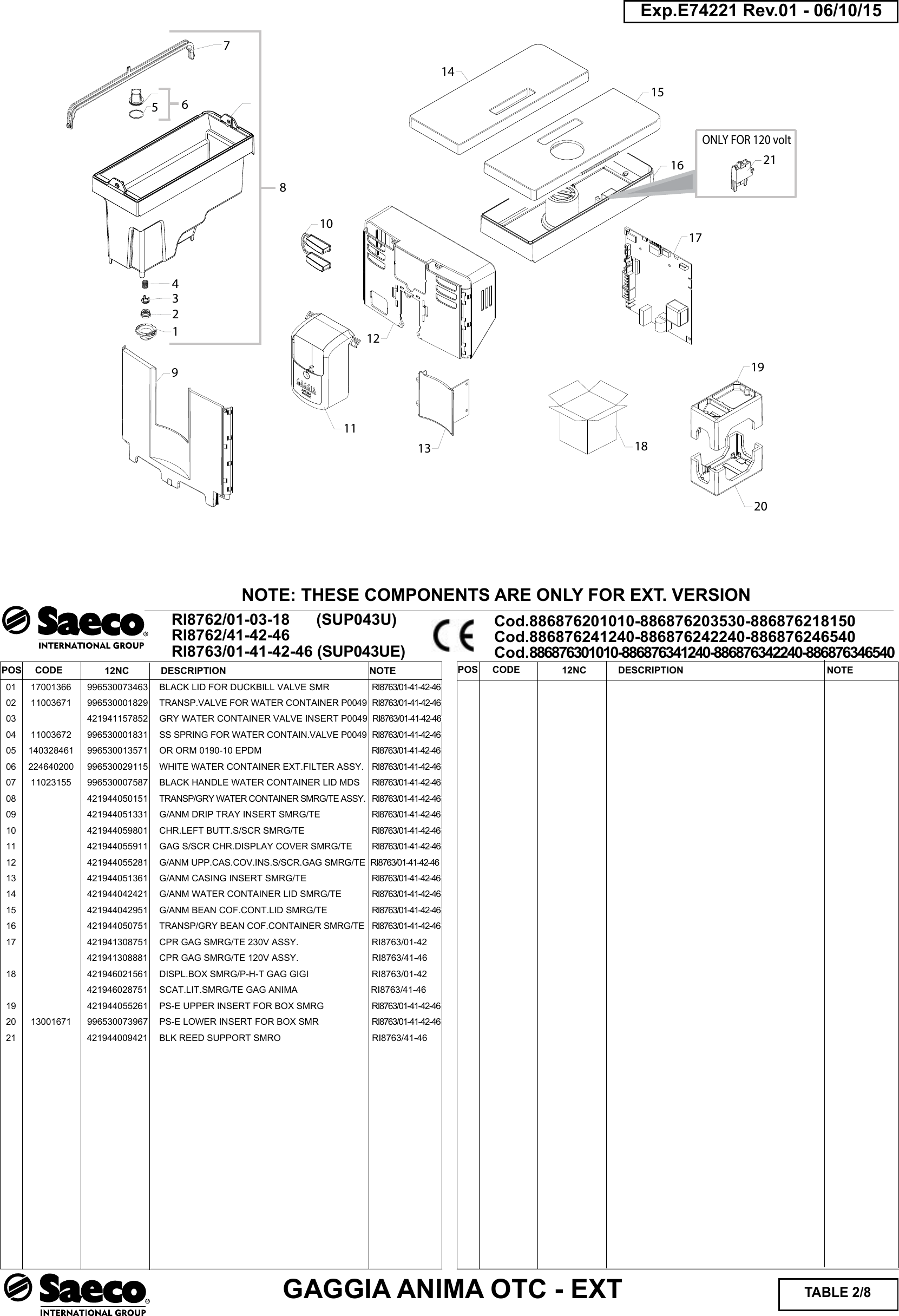 Page 2 of 8 - Gaggia Anima Prestige Parts Diagram User Manual