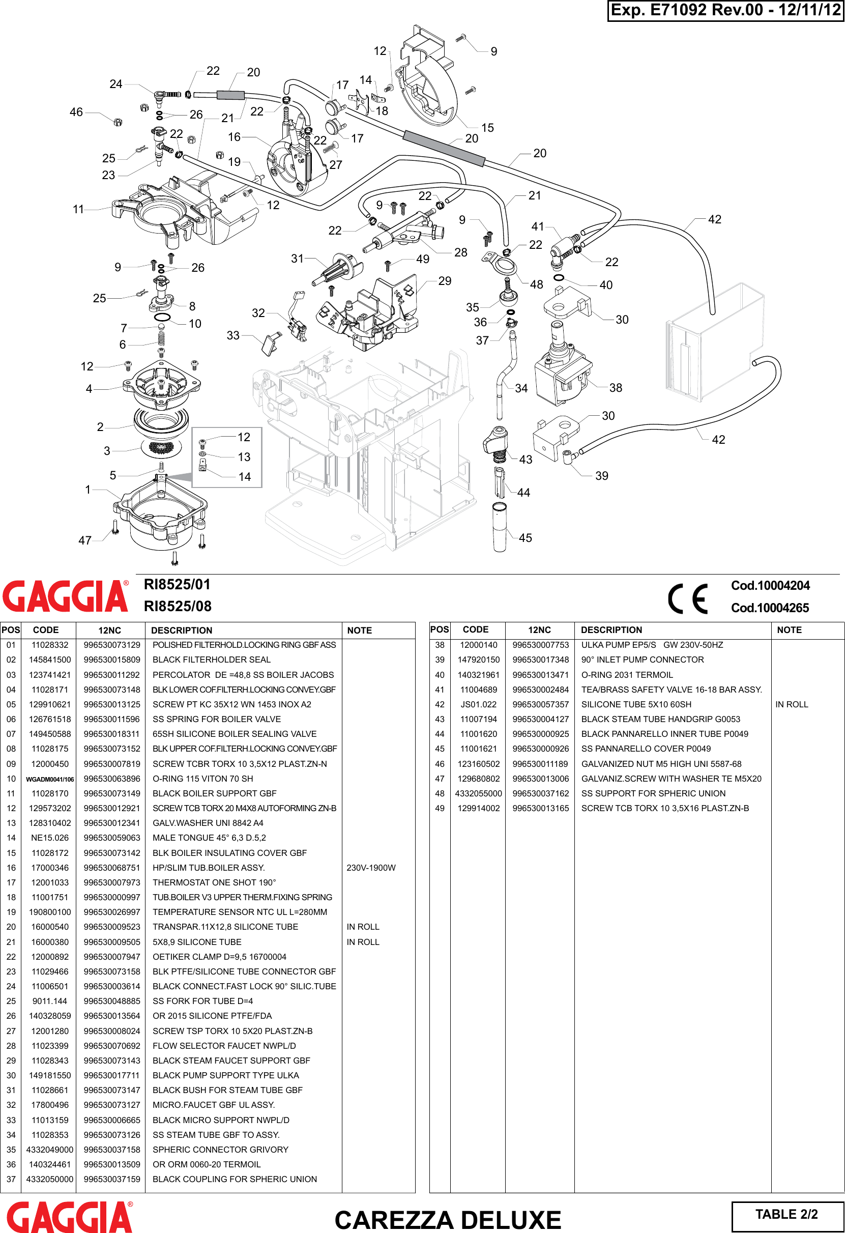 Page 2 of 2 - Gaggia Carezza Deluxe Parts Diagram Rev00 User Manual