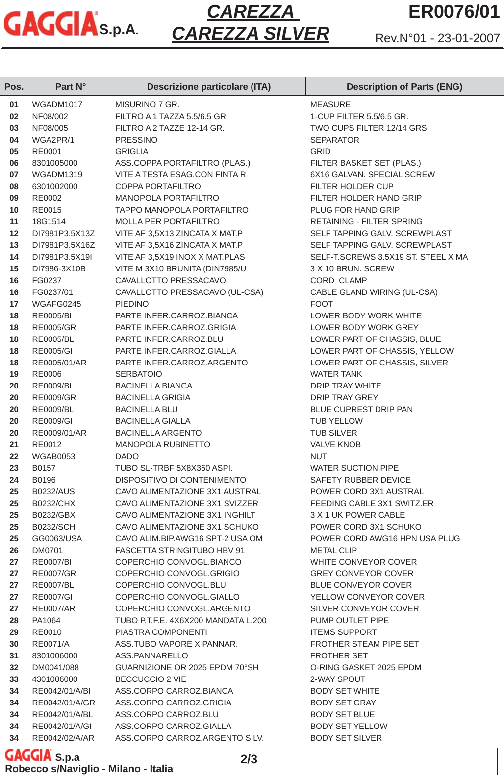 Page 2 of 3 - Gaggia Carezza Parts Diagram ER0076-01 Rev01 User Manual