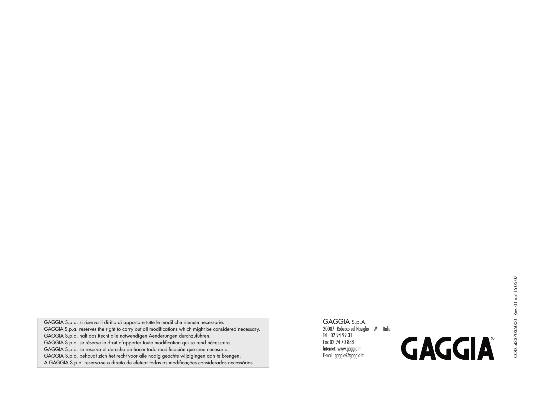 Page 4 of 4 - Gaggia Espresso Dose Quick Start User Manual