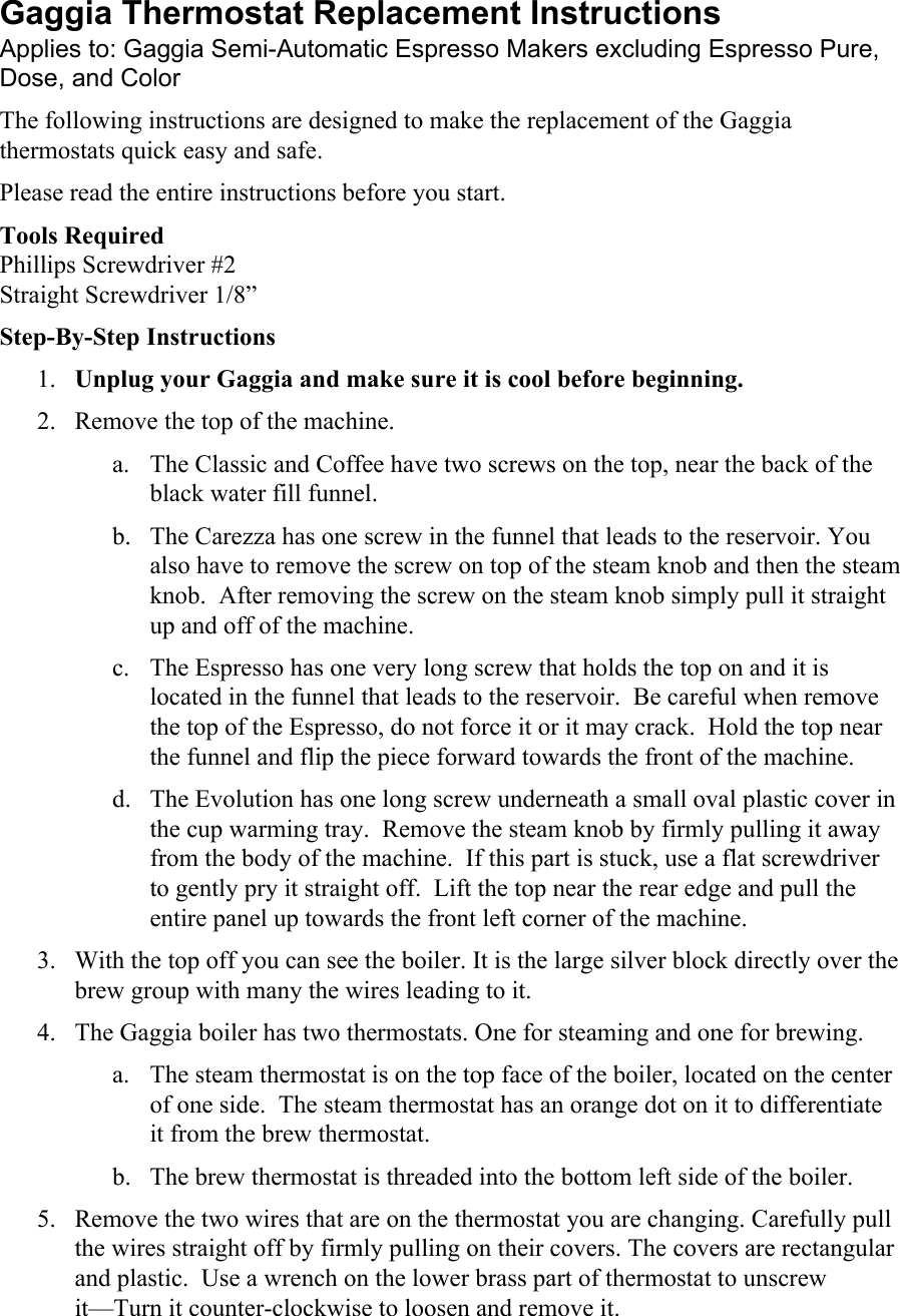 Page 1 of 2 - GA Classic Thermostat Replacement Instructions