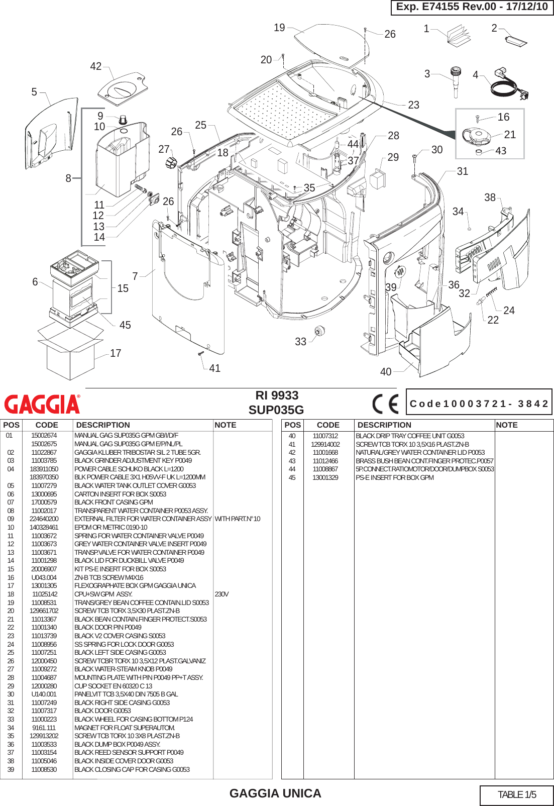 Page 1 of 5 - Gaggia Unica Parts Diagram E74155 Rev.00(SUP035G) User Manual