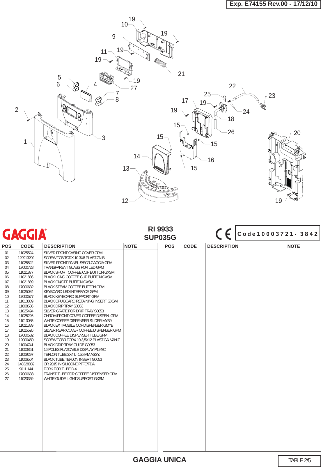 Page 2 of 5 - Gaggia Unica Parts Diagram E74155 Rev.00(SUP035G) User Manual